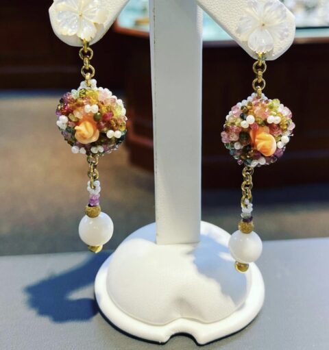 18k Multi-Gemstone Dangle Floral Motif Stud Earrings