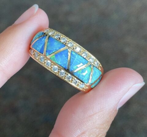 Vintage 14k Yellow Gold Genuine Opal Doublet & Diamond Band
