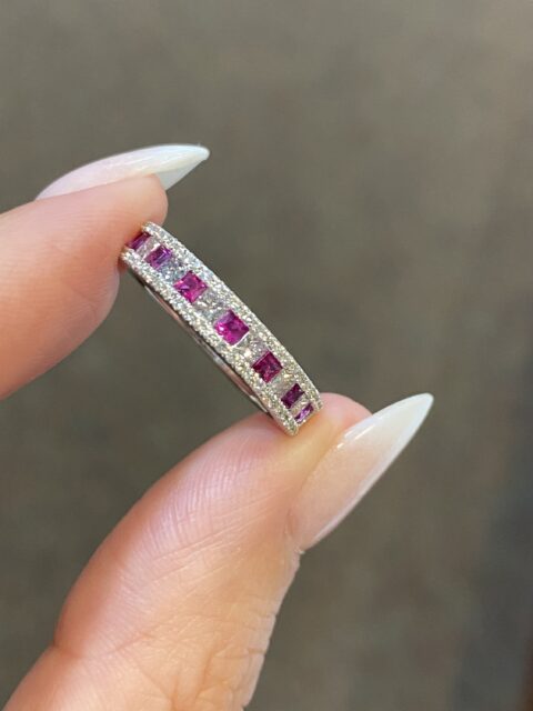 18k White Gold Princess Cut Ruby & Diamond Band