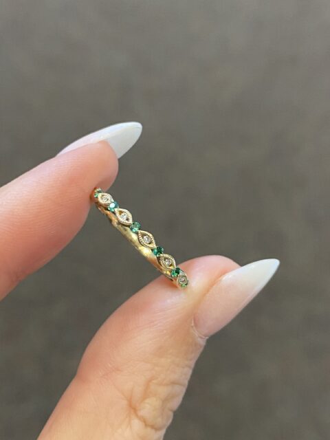 14k Yellow Gold Genuine Emerald & Diamond Delicate Band