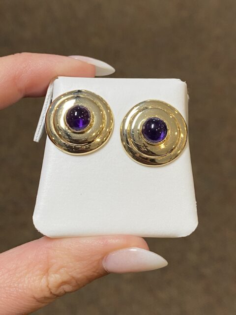 Vintage 14k Yellow Gold Genuine Amethyst Saucer Stud Earrings