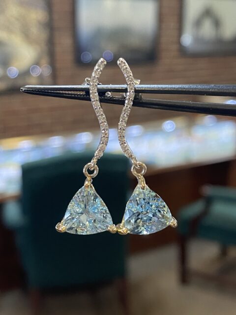 14k White & Yellow Gold Genuine 5.82 Cttw Aquamarine & Diamond Dangle Stud Earrings