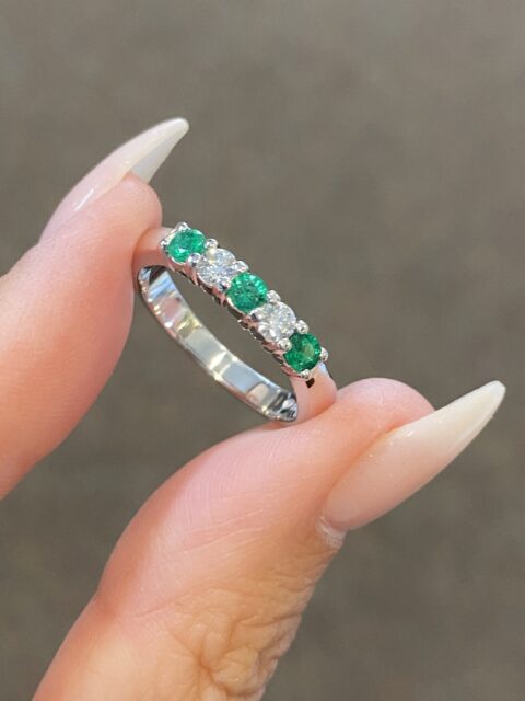 14k White Gold Genuine .25 Cttw Emerald & .20 Cttw Diamond Band