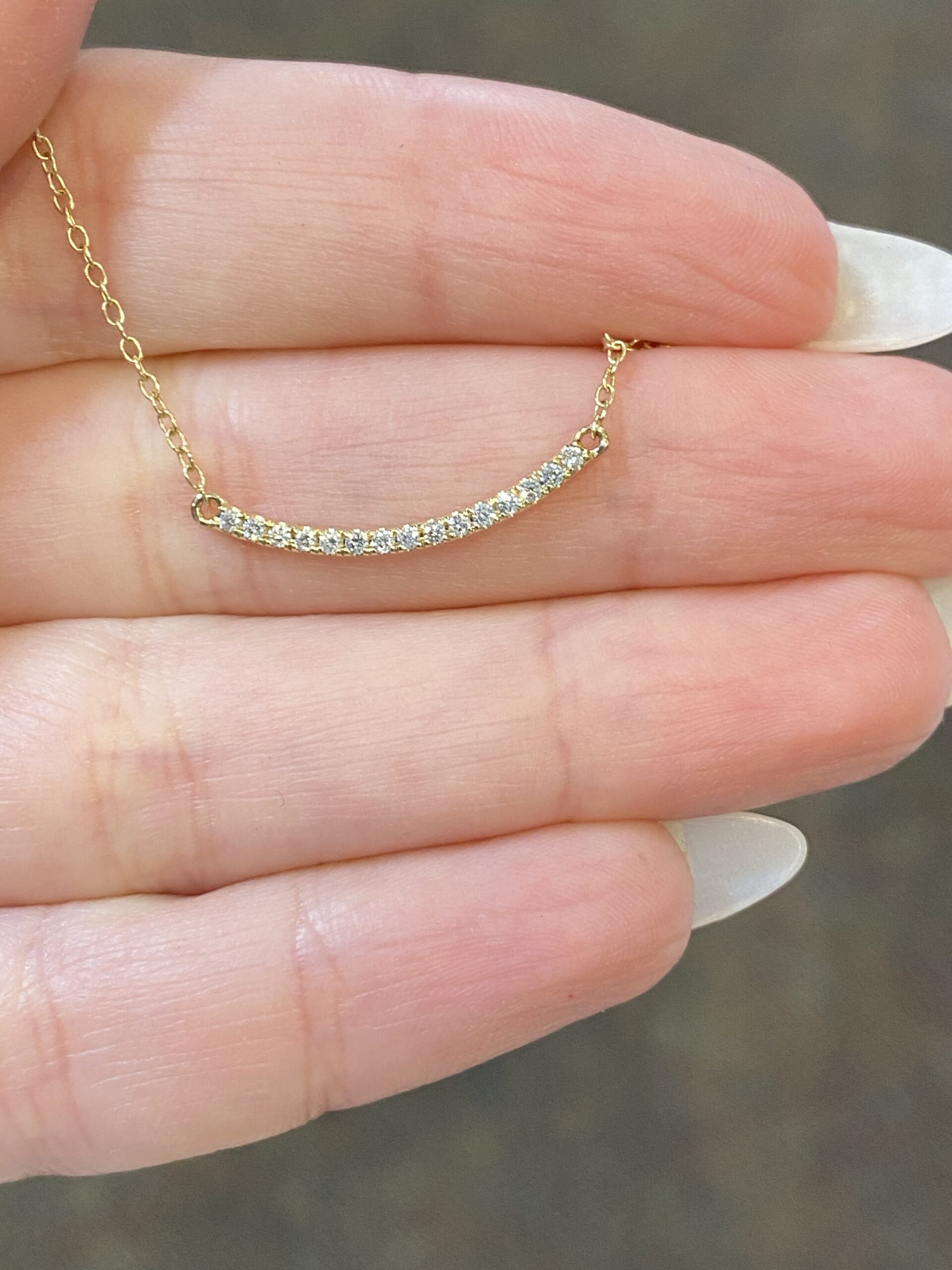 14k Yellow Gold Delicate Genuine Diamond Curved Bar Necklace - Image 4