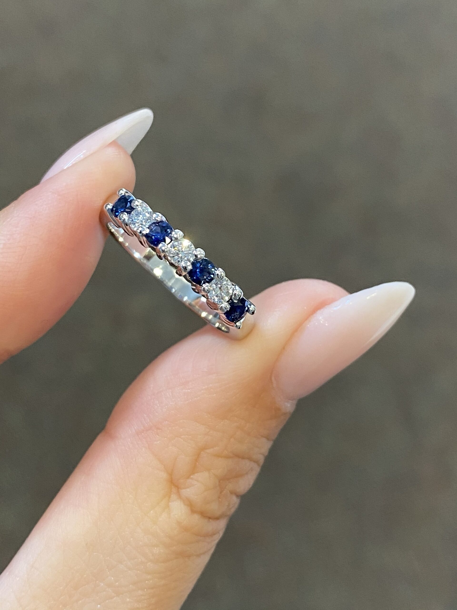 14k White Gold Genuine 7 Stone Sapphire & Diamond Band