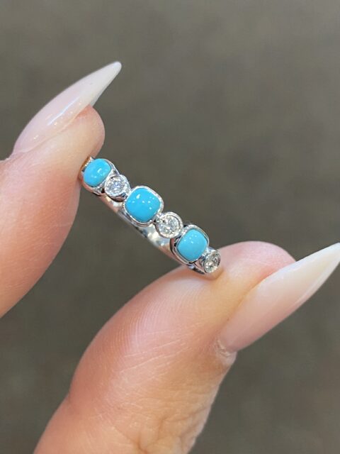 14k White Gold Genuine Turquoise & Diamond Bezel Set Band