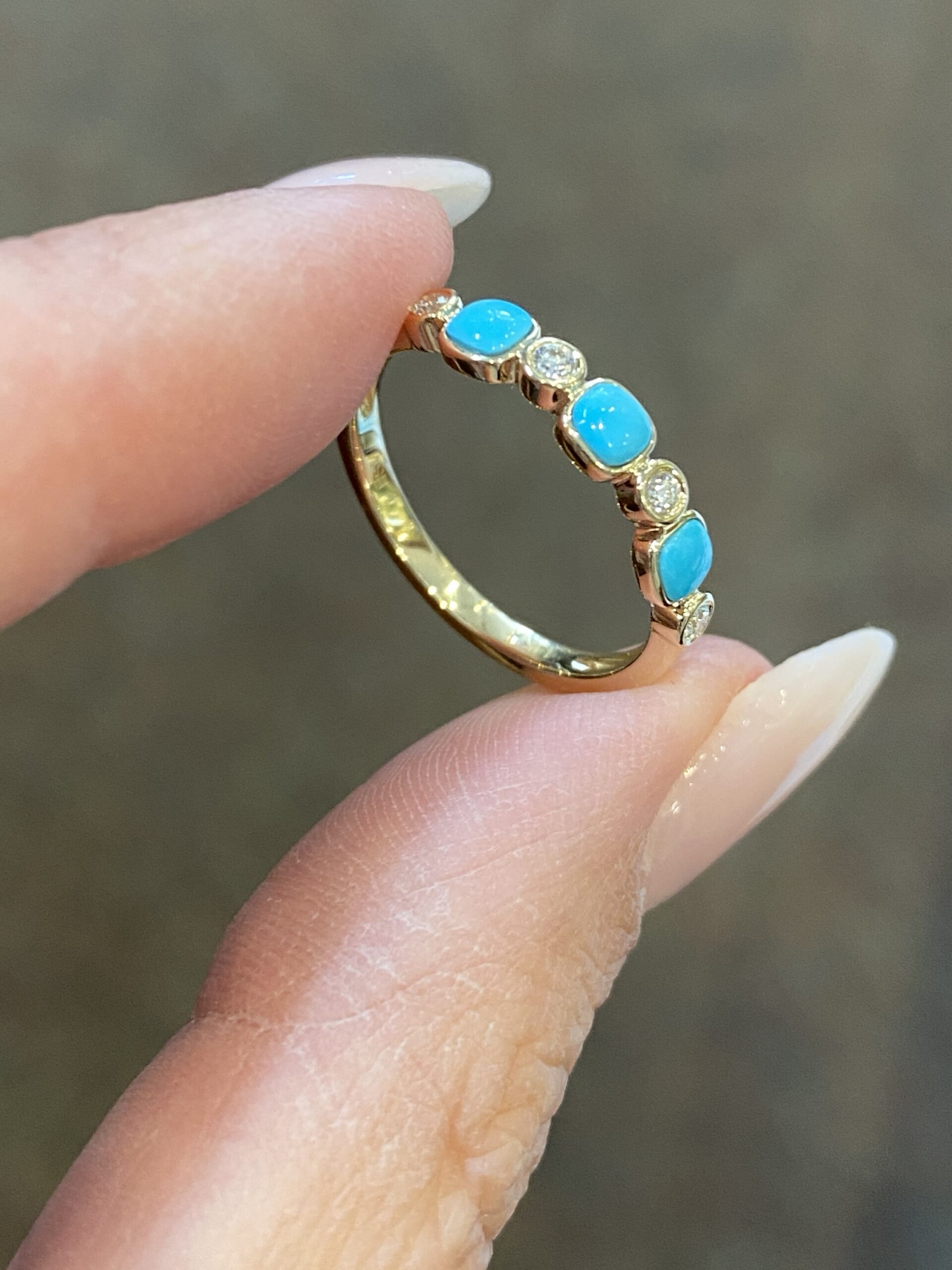 14k Yellow Gold Genuine Turquoise & Diamond Bezel Set Band - Image 2