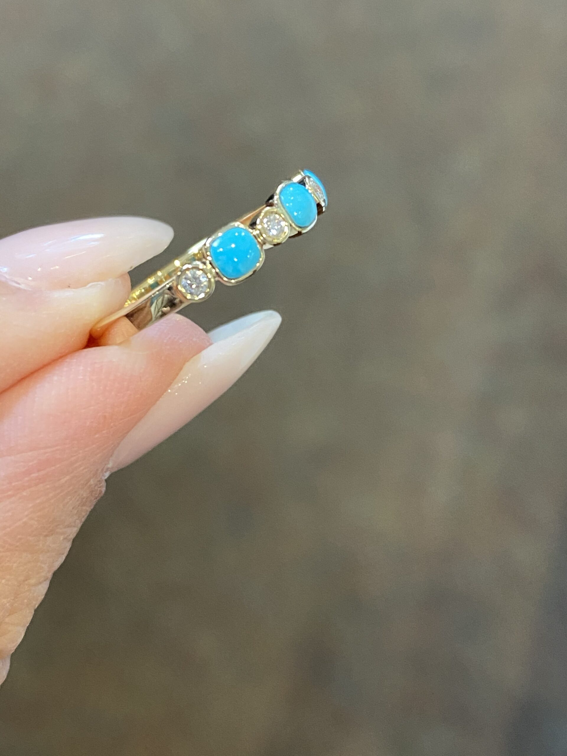 14k Yellow Gold Genuine Turquoise & Diamond Bezel Set Band - Image 3