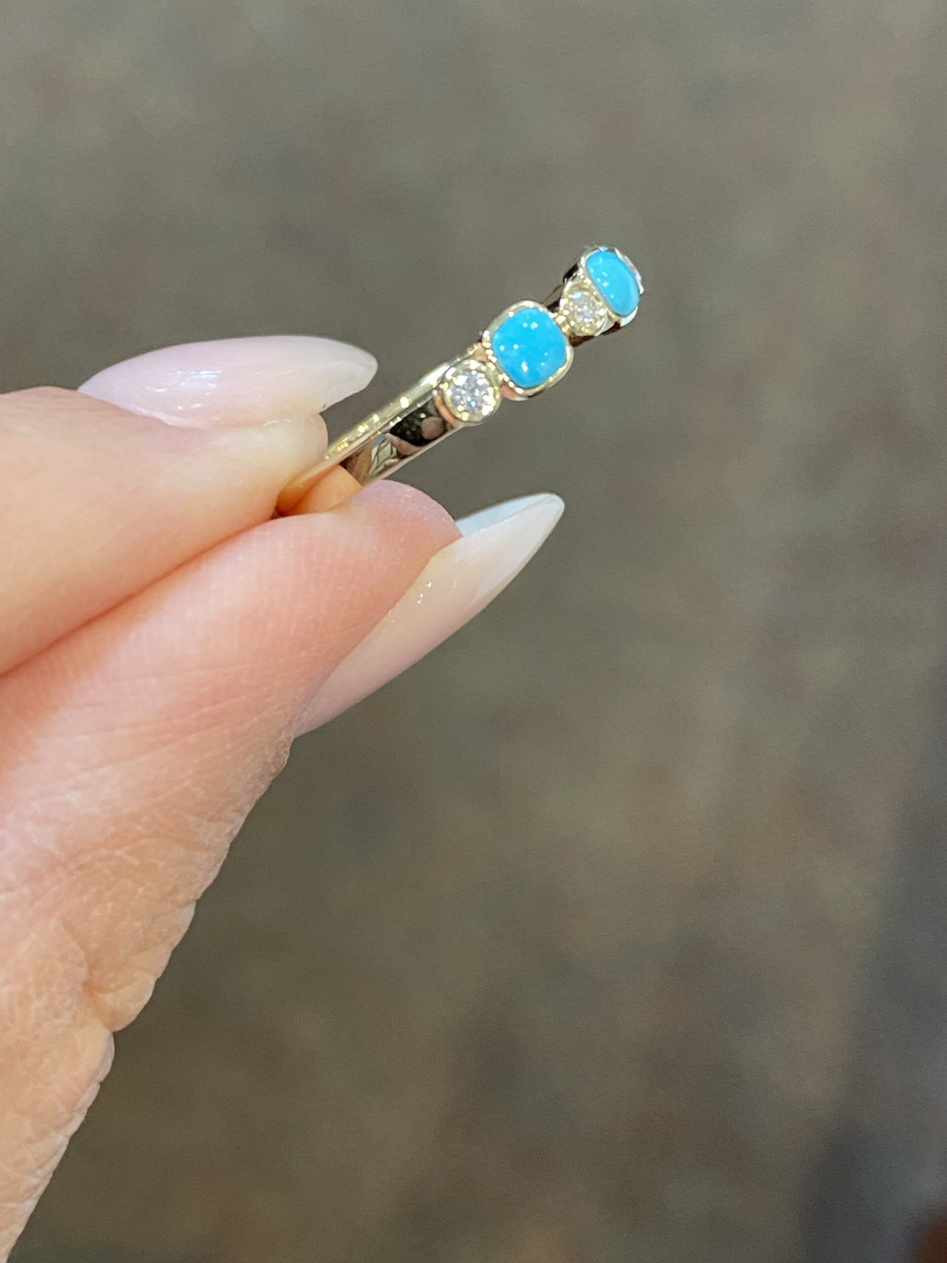 14k Yellow Gold Genuine Turquoise & Diamond Bezel Set Band - Image 4