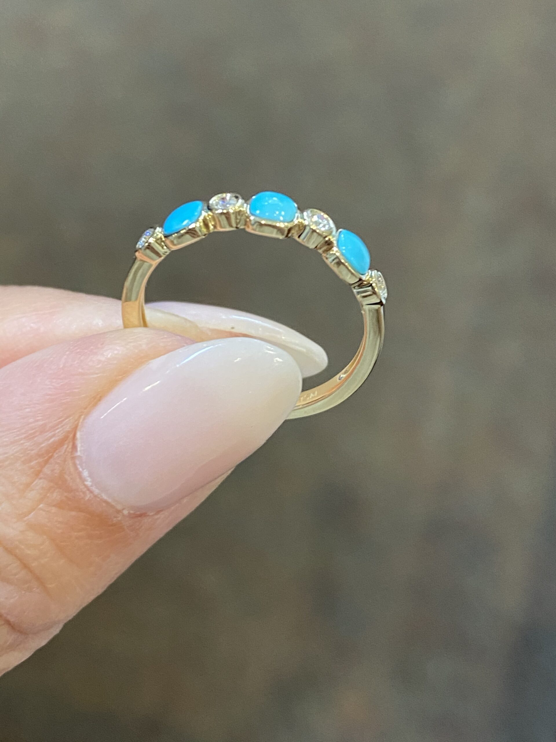 14k Yellow Gold Genuine Turquoise & Diamond Bezel Set Band - Image 9