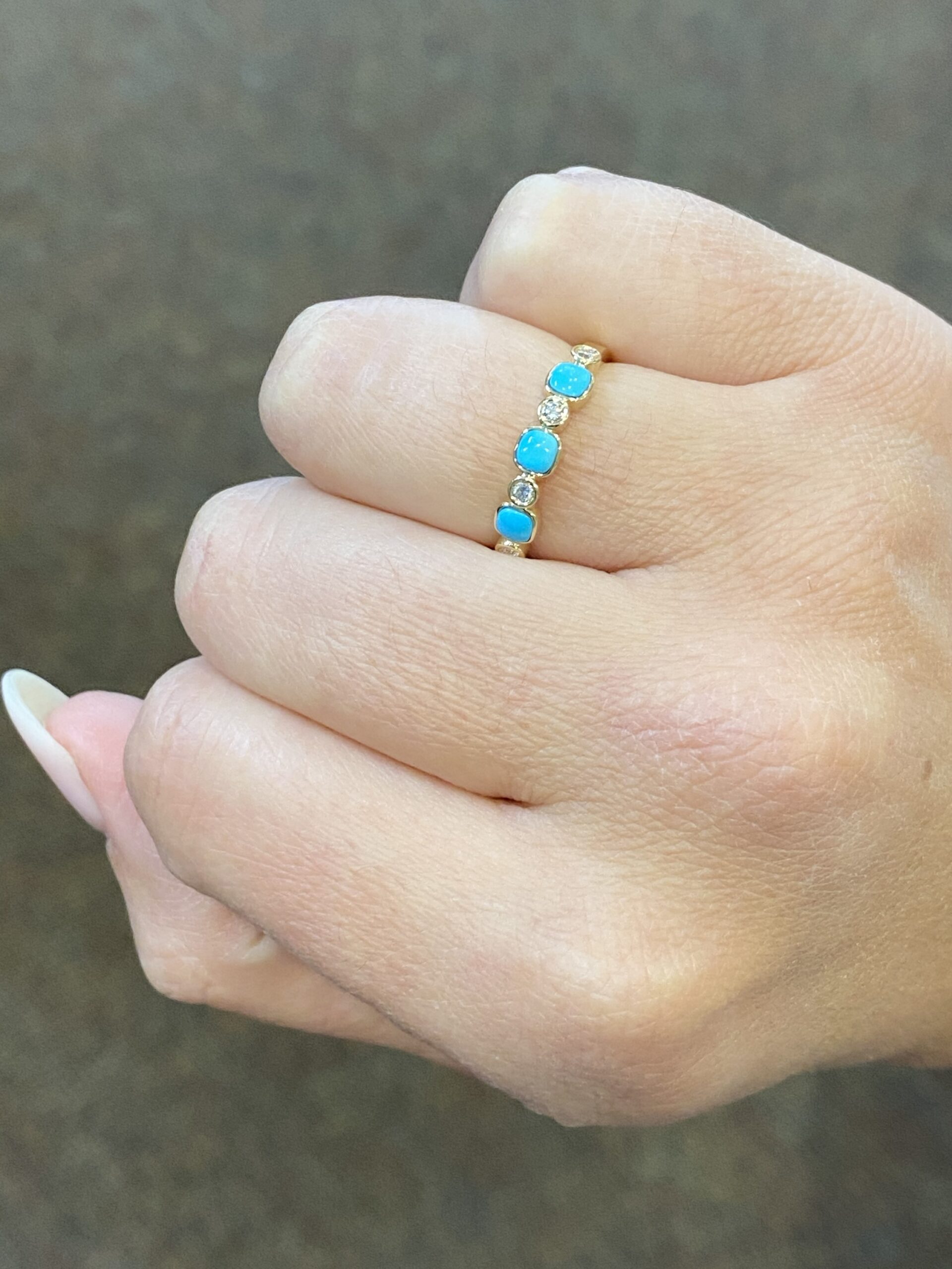 14k Yellow Gold Genuine Turquoise & Diamond Bezel Set Band - Image 6