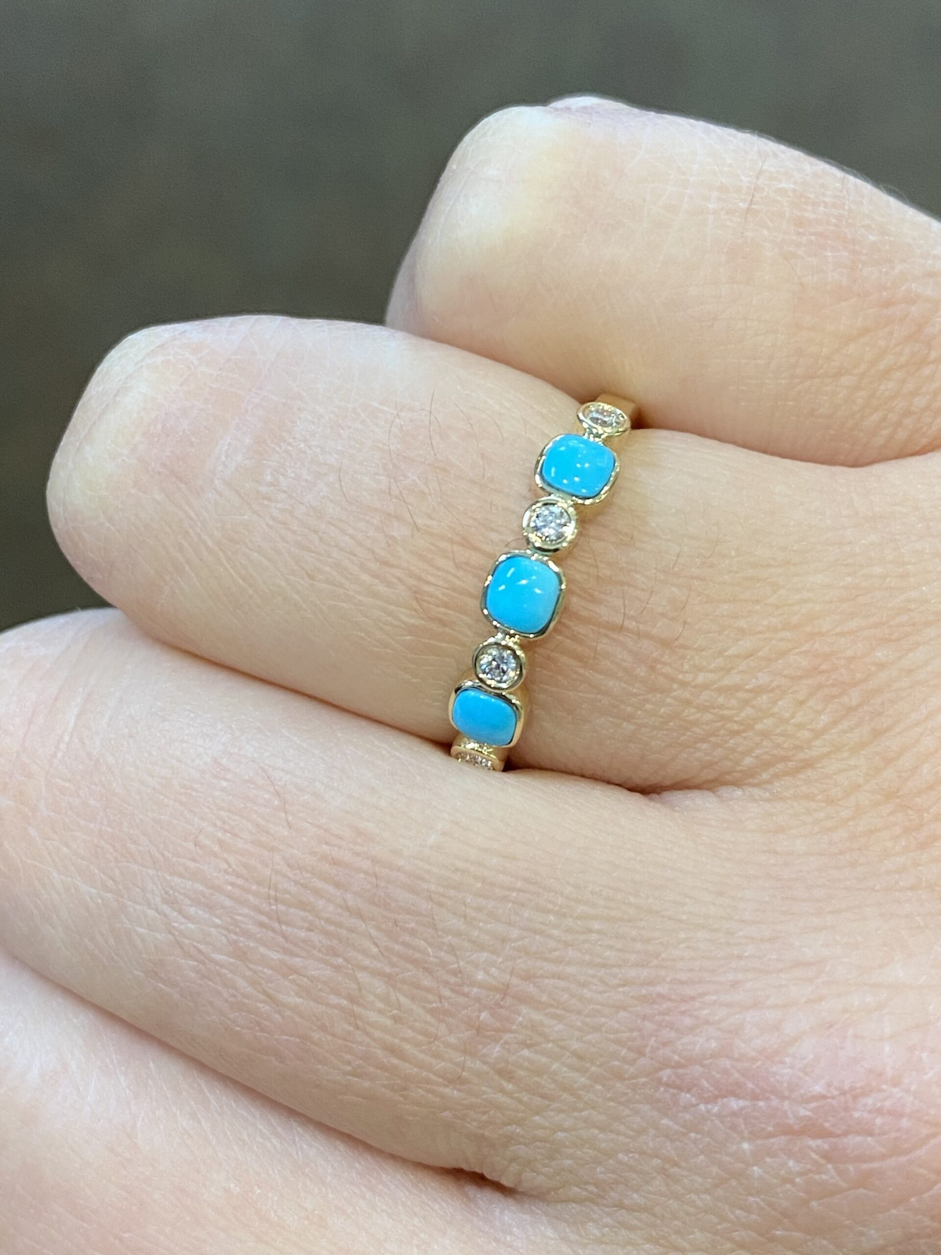 14k Yellow Gold Genuine Turquoise & Diamond Bezel Set Band - Image 5