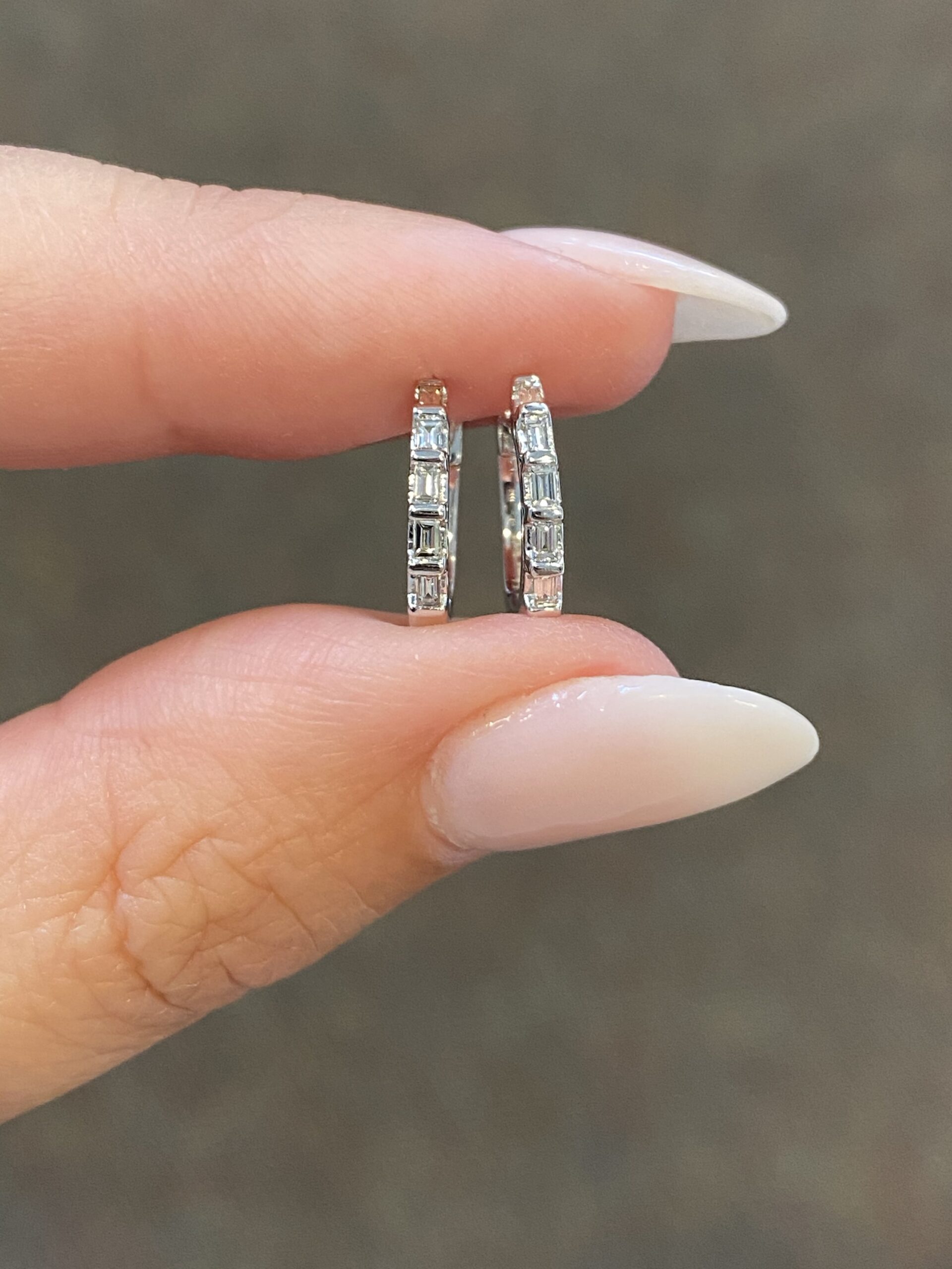 14k White Gold Genuine Baguette Diamond Huggy Hoops