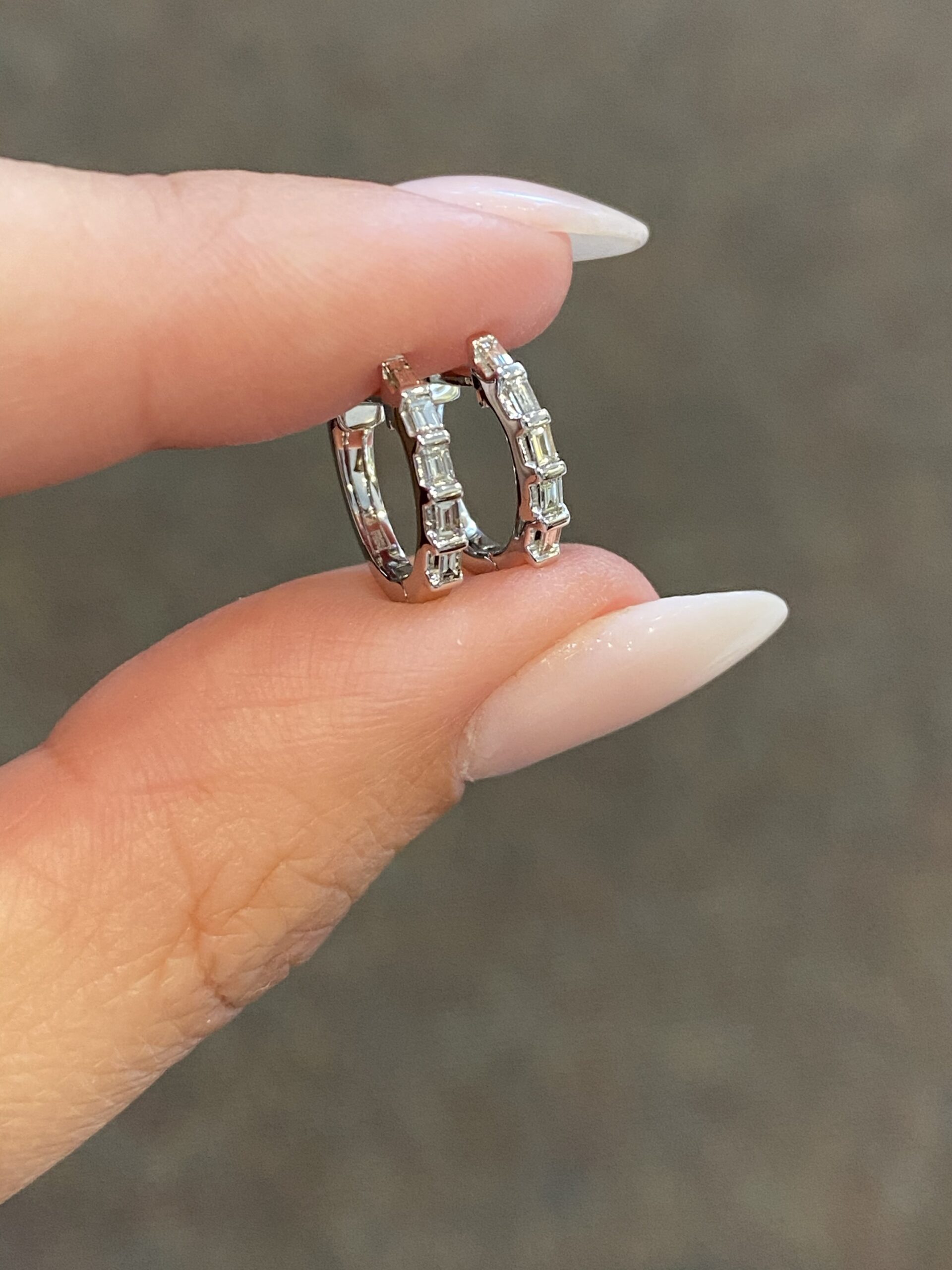 14k White Gold Genuine Baguette Diamond Huggy Hoops - Image 2