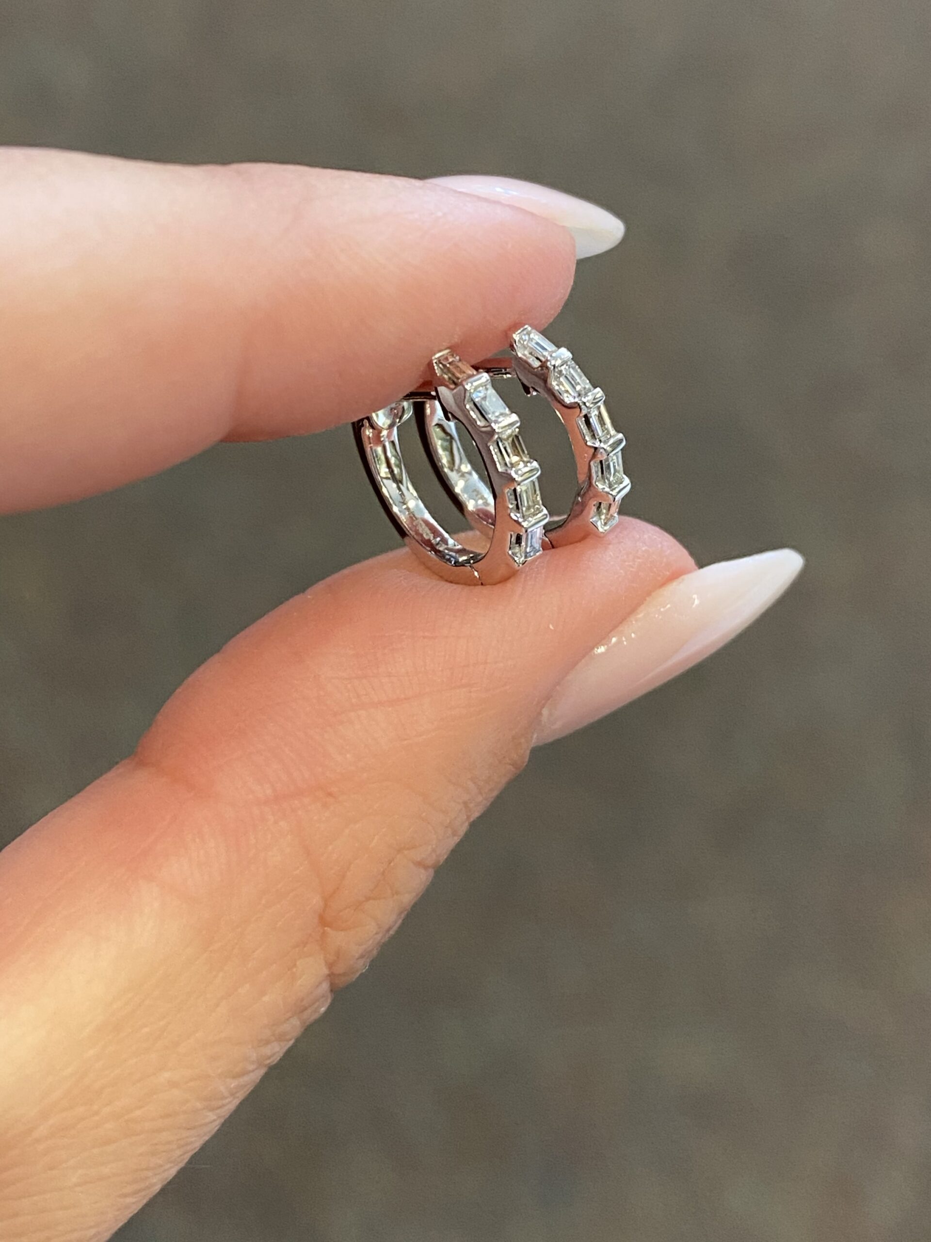 14k White Gold Genuine Baguette Diamond Huggy Hoops - Image 3