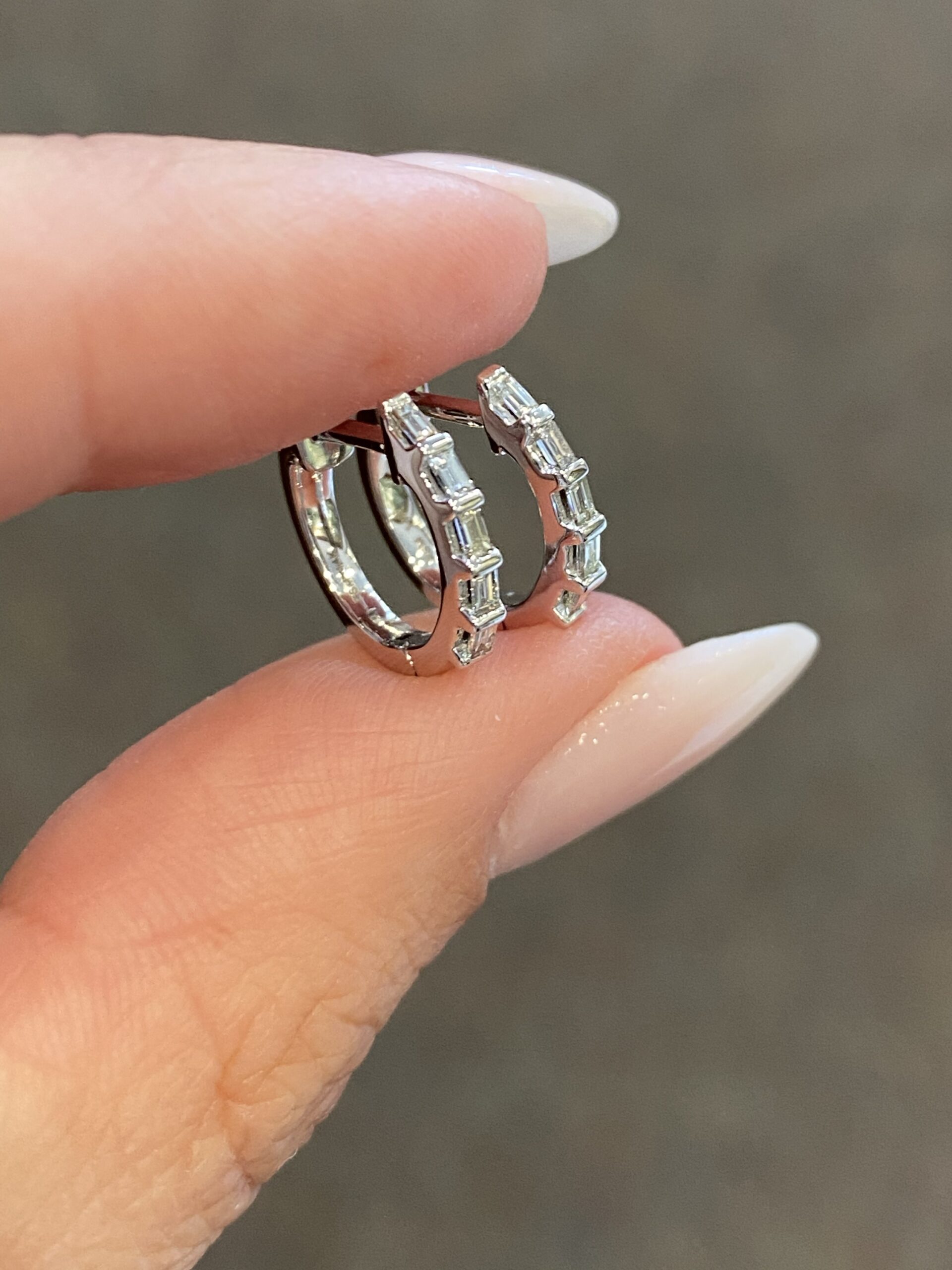 14k White Gold Genuine Baguette Diamond Huggy Hoops - Image 4
