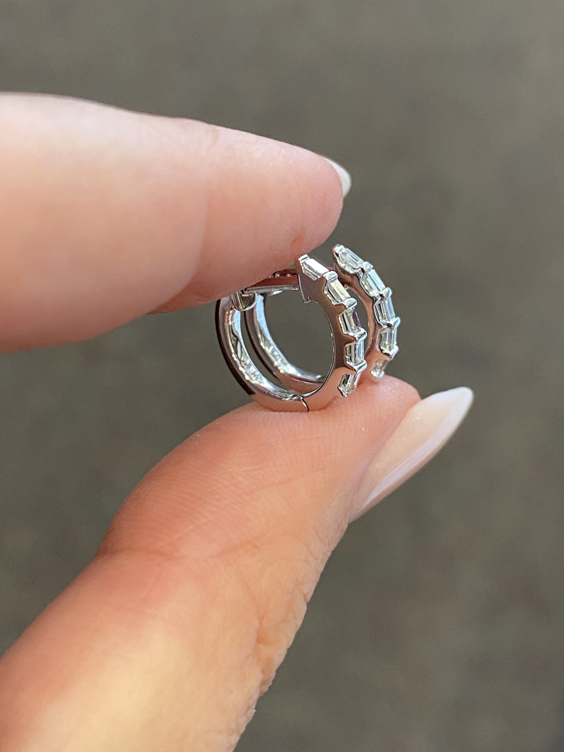 14k White Gold Genuine Baguette Diamond Huggy Hoops - Image 5