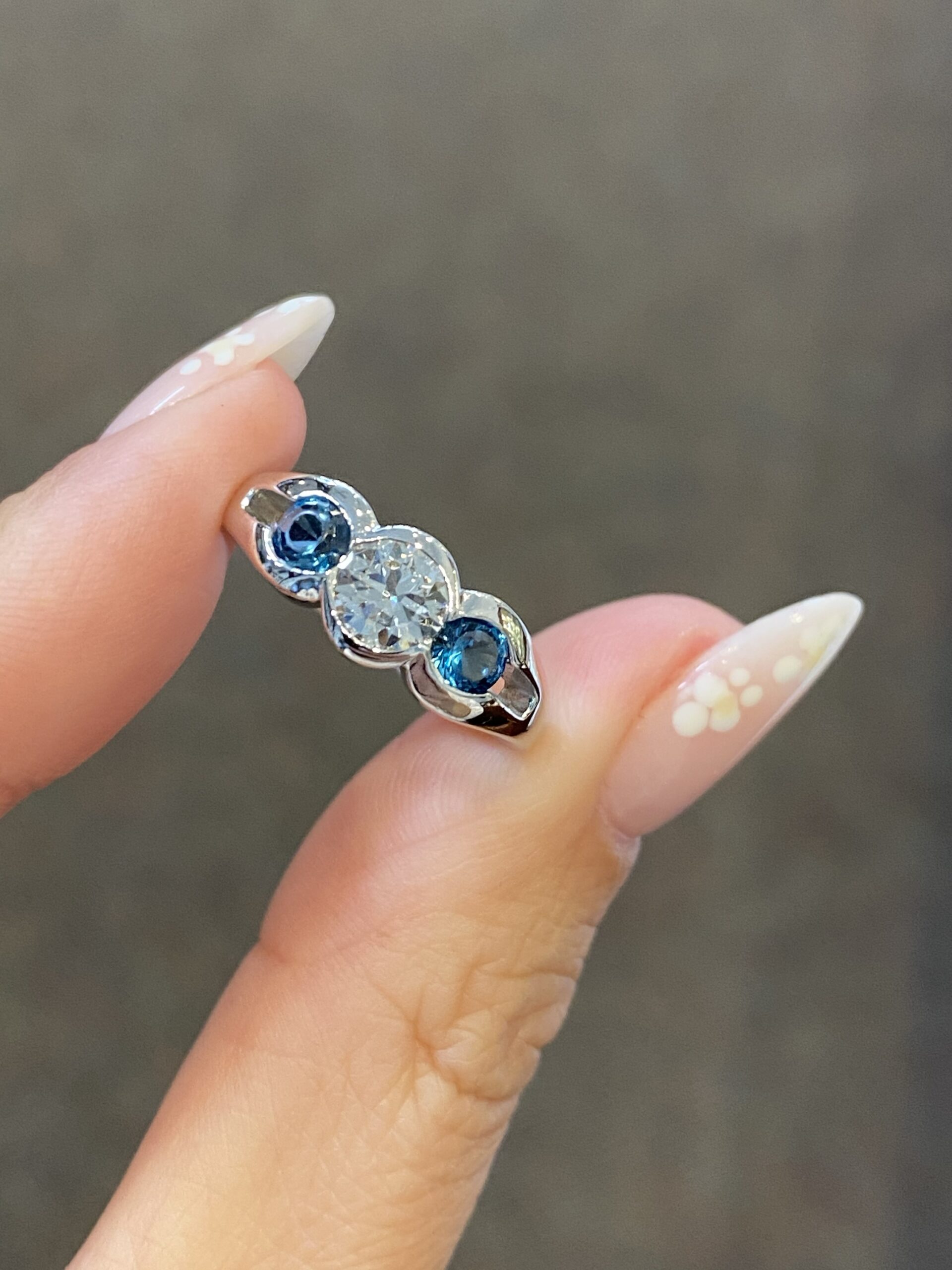 Custom Made 14k White Gold Genuine Round Brilliant Cut Diamond & London Blue Topaz 3 Stone Ring - Image 2