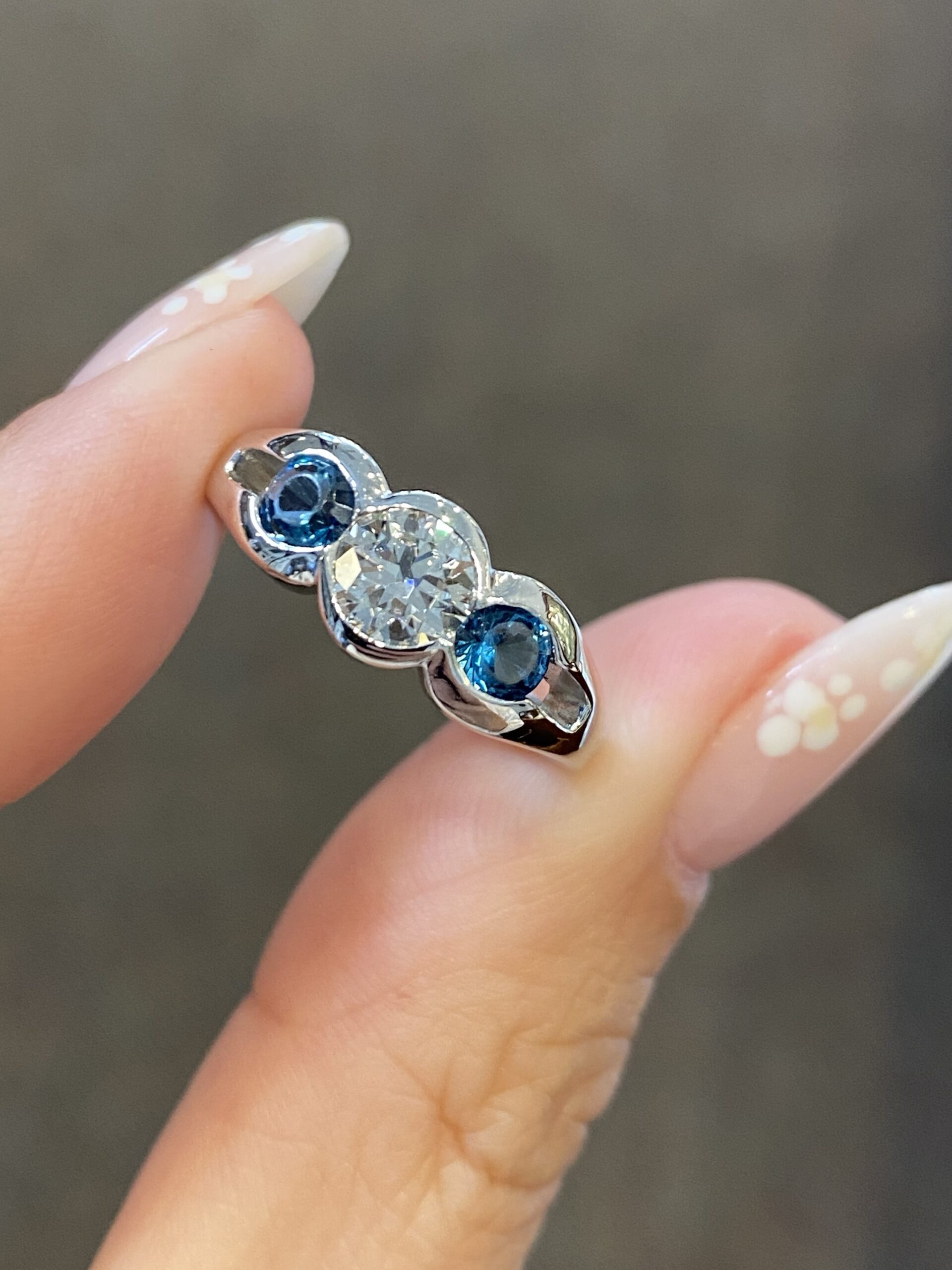 Custom Made 14k White Gold Genuine Round Brilliant Cut Diamond & London Blue Topaz 3 Stone Ring