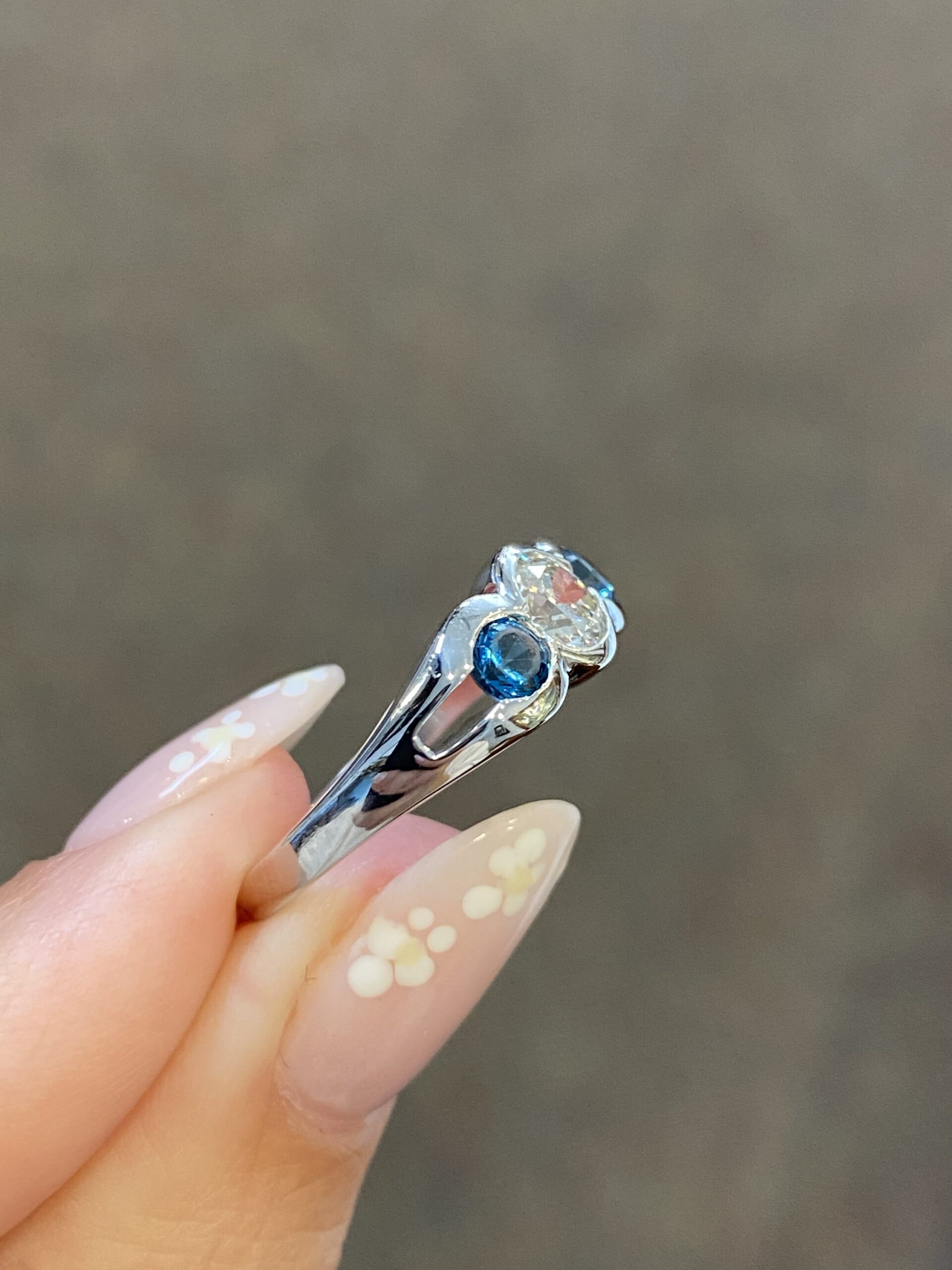 Custom Made 14k White Gold Genuine Round Brilliant Cut Diamond & London Blue Topaz 3 Stone Ring - Image 3