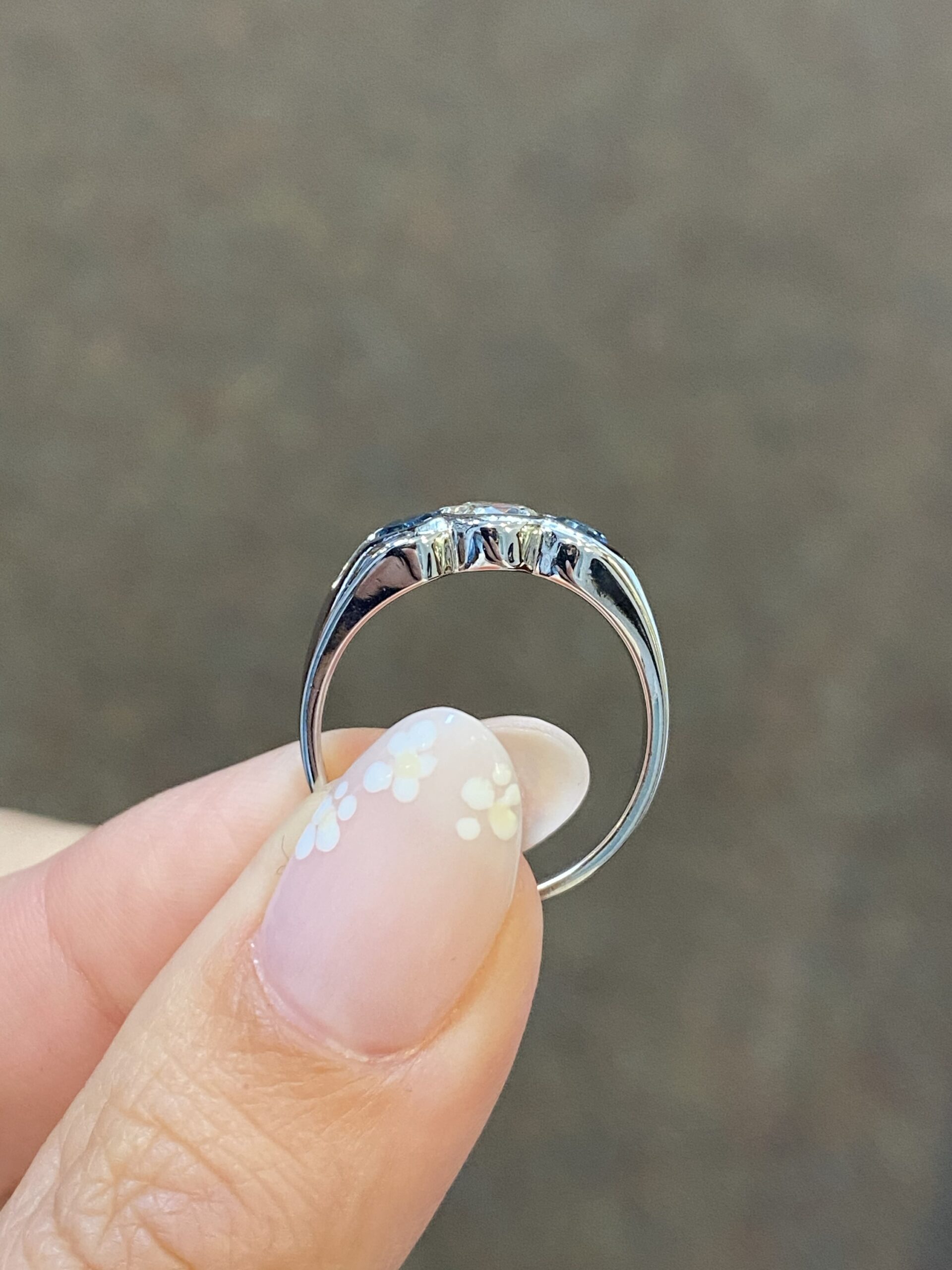 Custom Made 14k White Gold Genuine Round Brilliant Cut Diamond & London Blue Topaz 3 Stone Ring - Image 9