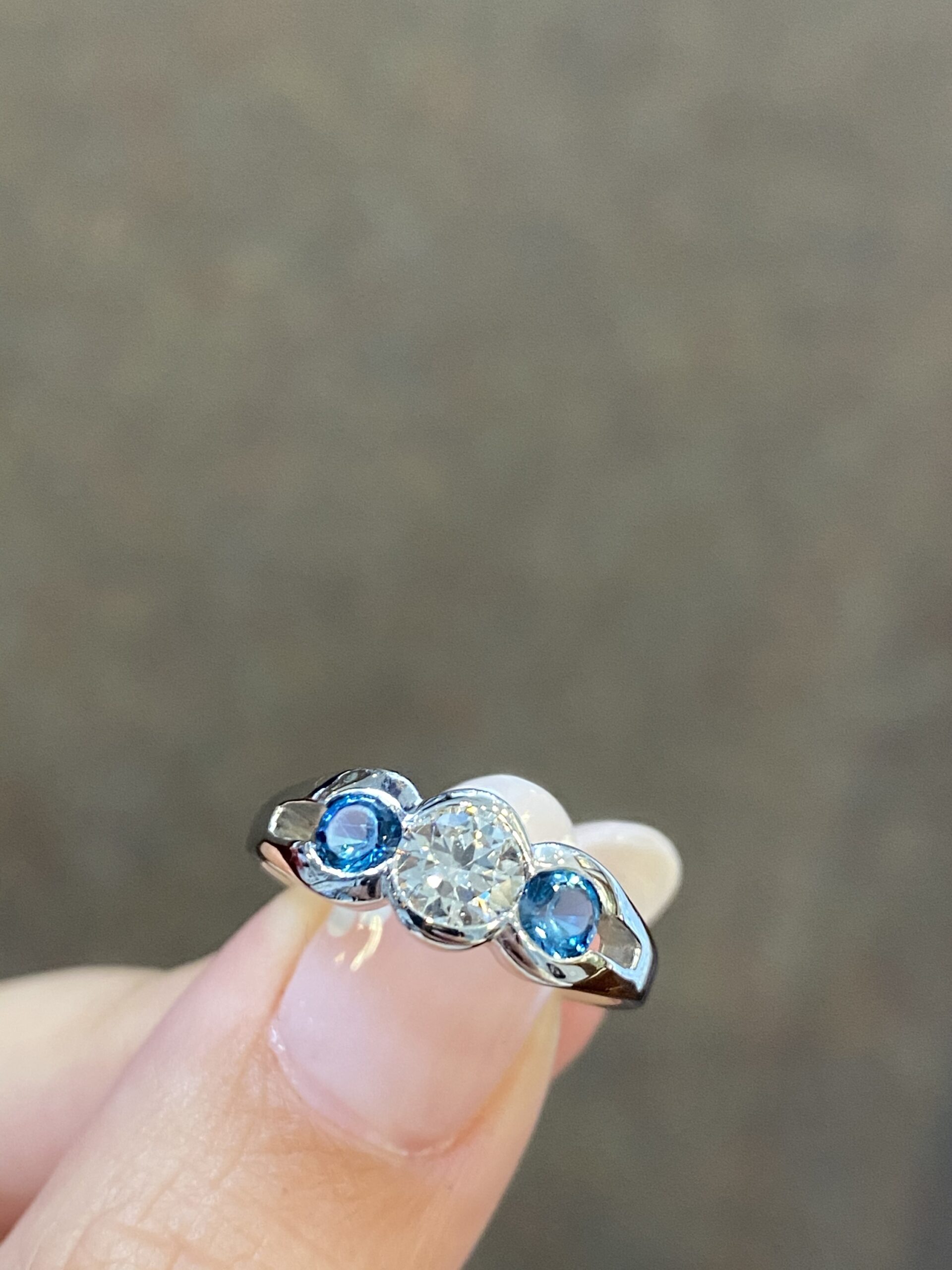 Custom Made 14k White Gold Genuine Round Brilliant Cut Diamond & London Blue Topaz 3 Stone Ring - Image 4