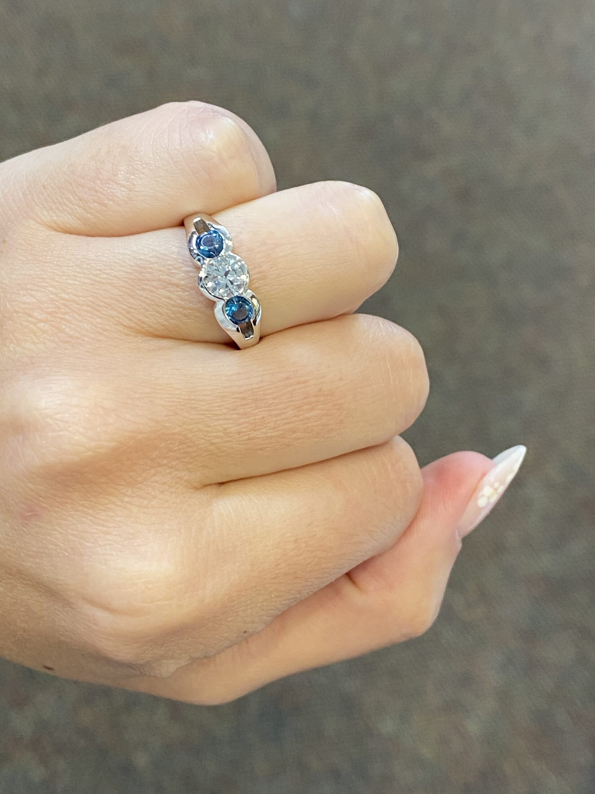 Custom Made 14k White Gold Genuine Round Brilliant Cut Diamond & London Blue Topaz 3 Stone Ring - Image 5