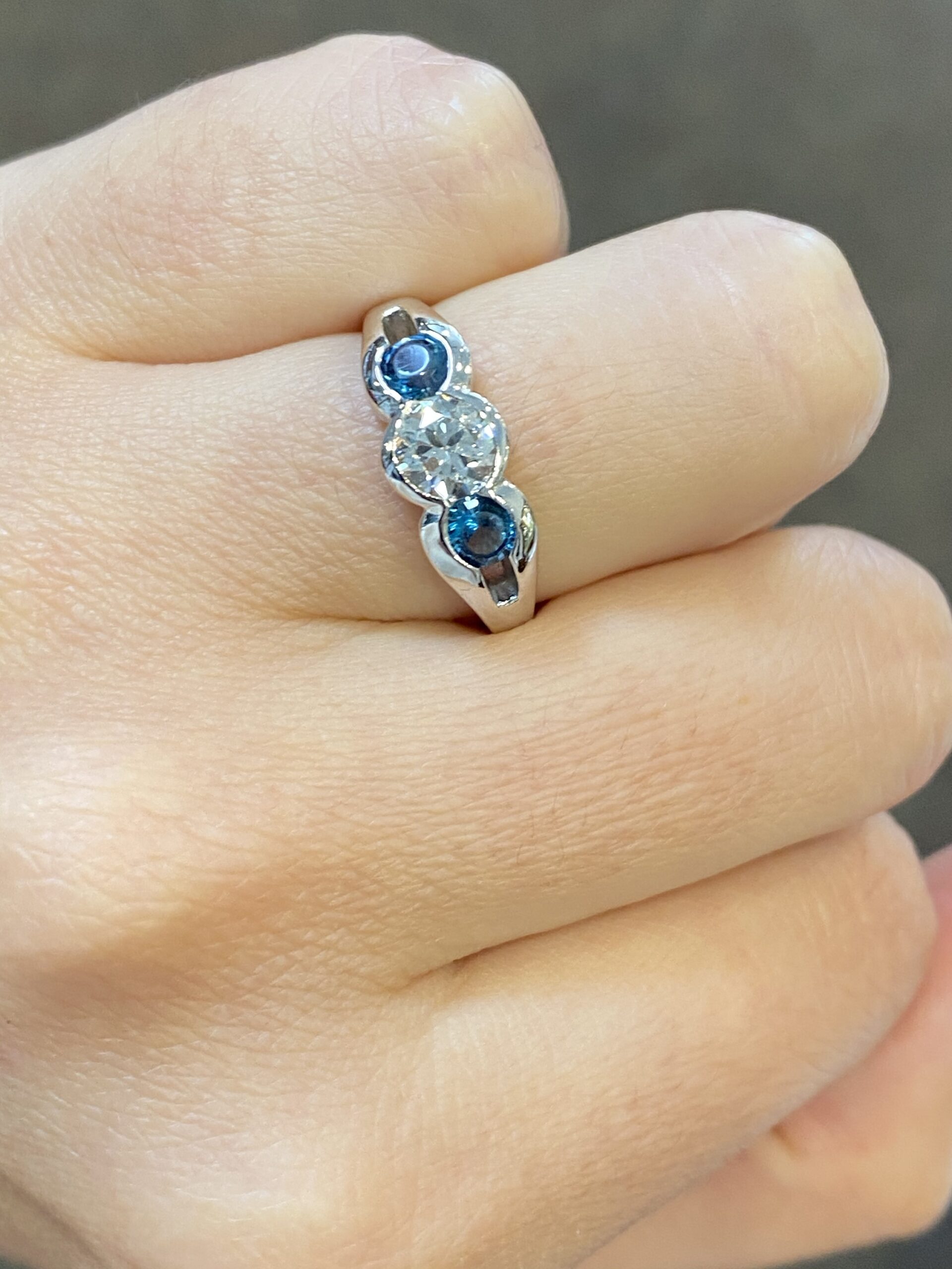 Custom Made 14k White Gold Genuine Round Brilliant Cut Diamond & London Blue Topaz 3 Stone Ring - Image 6