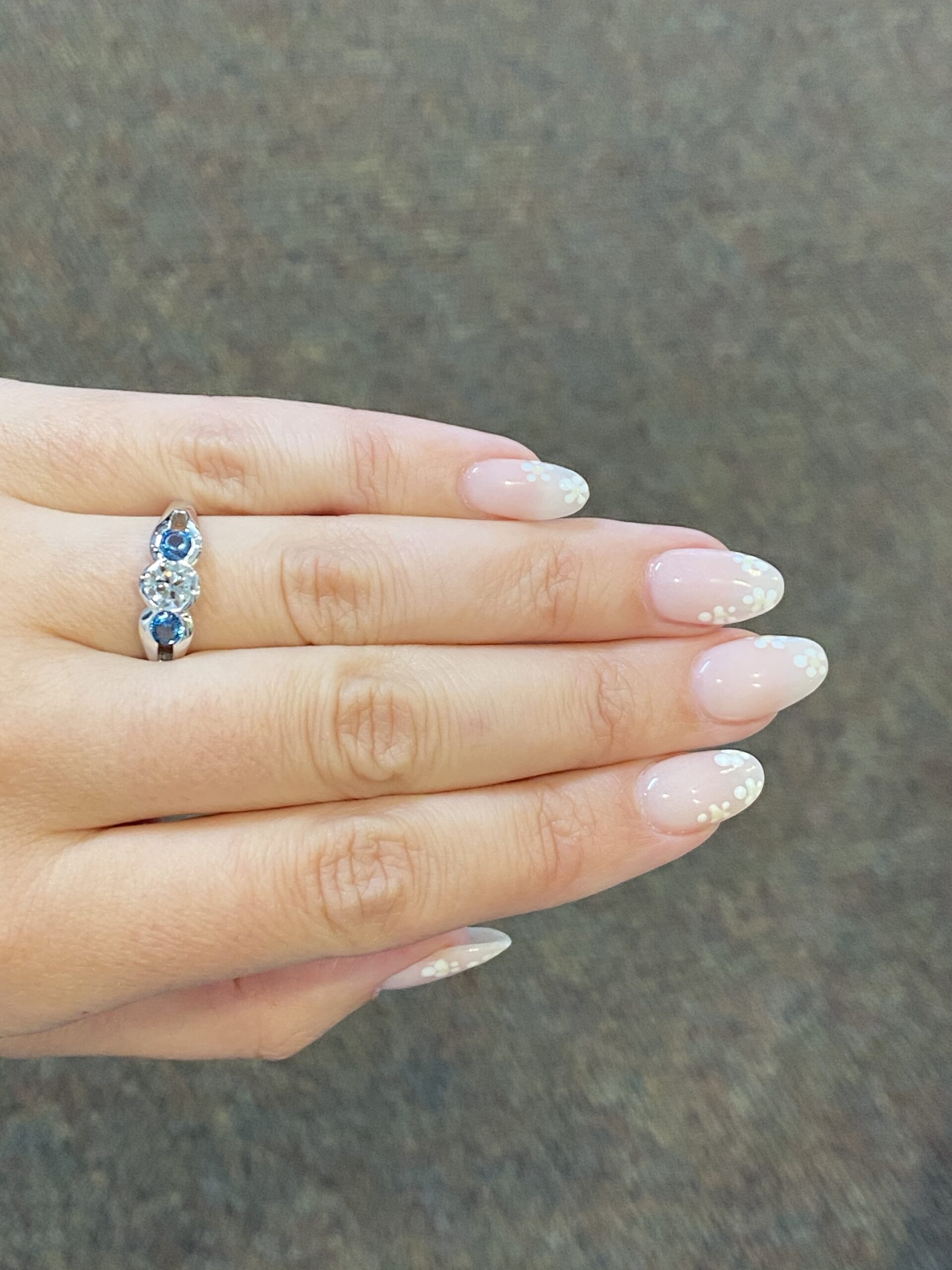 Custom Made 14k White Gold Genuine Round Brilliant Cut Diamond & London Blue Topaz 3 Stone Ring - Image 7