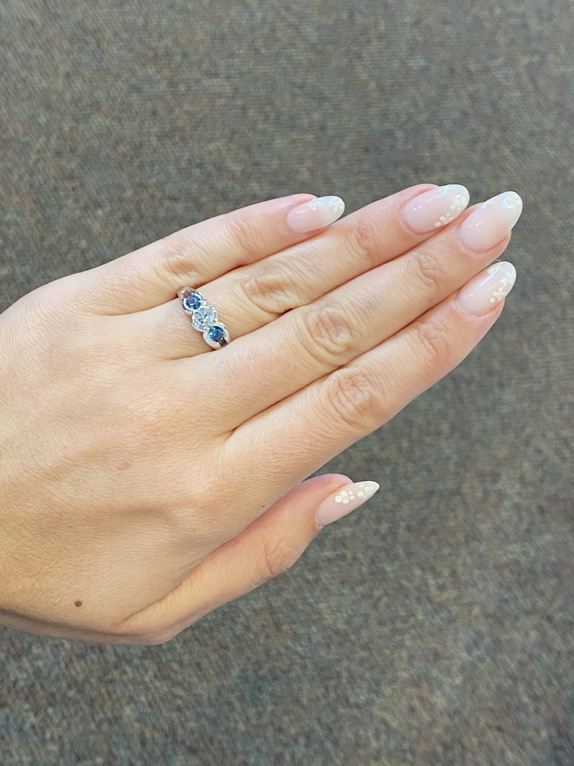 Custom Made 14k White Gold Genuine Round Brilliant Cut Diamond & London Blue Topaz 3 Stone Ring - Image 8