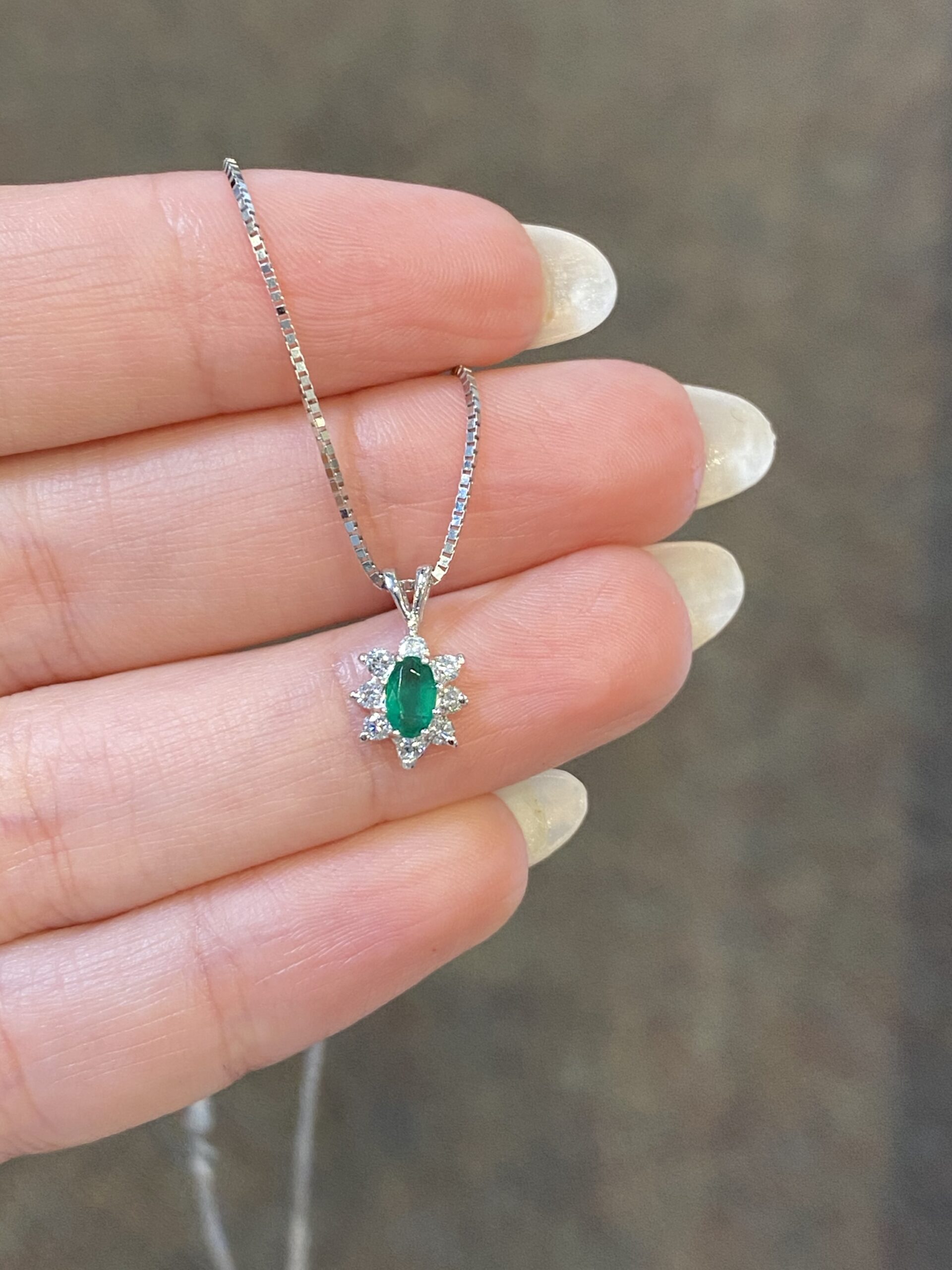 14k White Gold Genuine Emerald & Diamond Cluster Pendant - Image 5