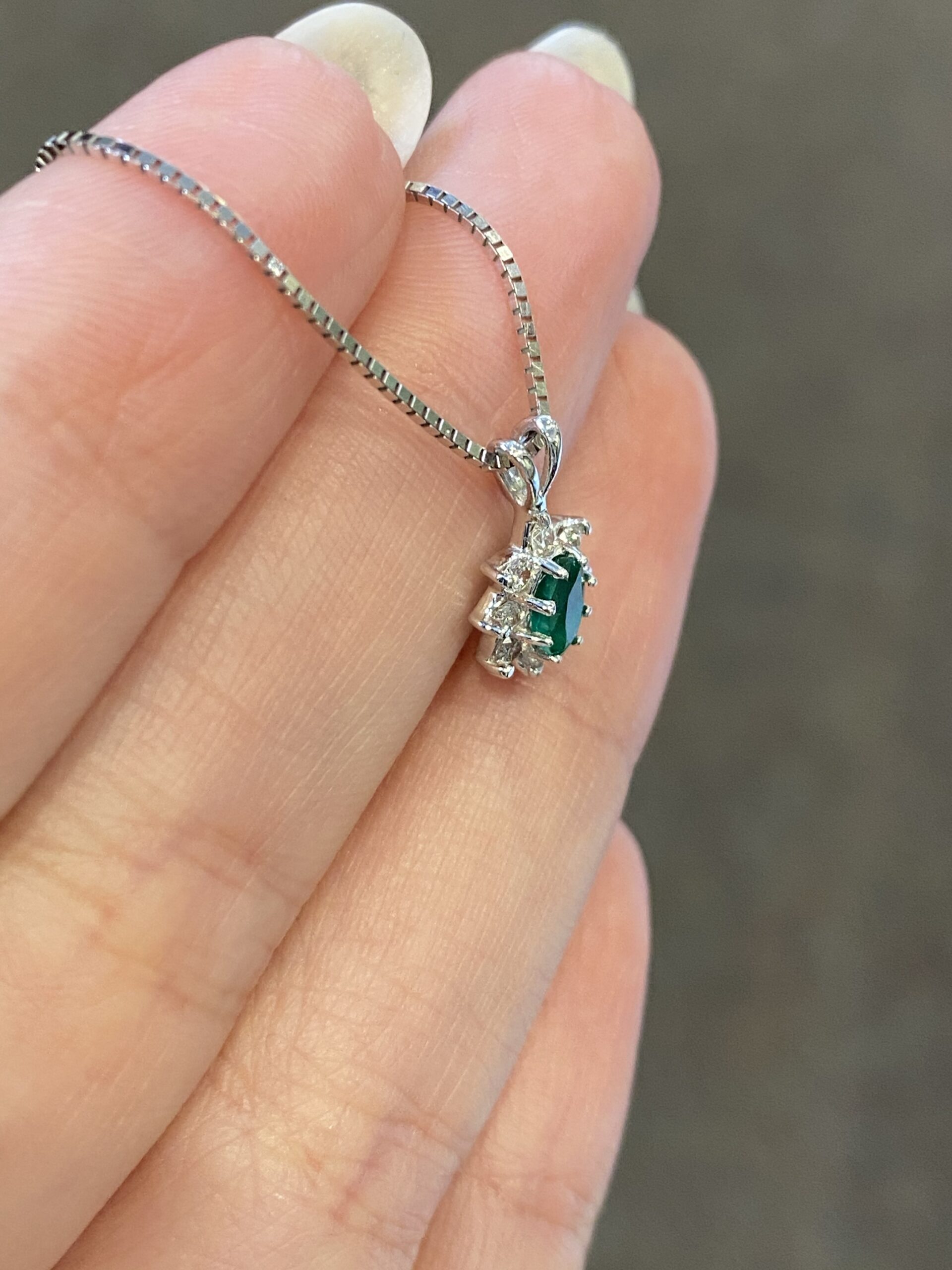 14k White Gold Genuine Emerald & Diamond Cluster Pendant - Image 6