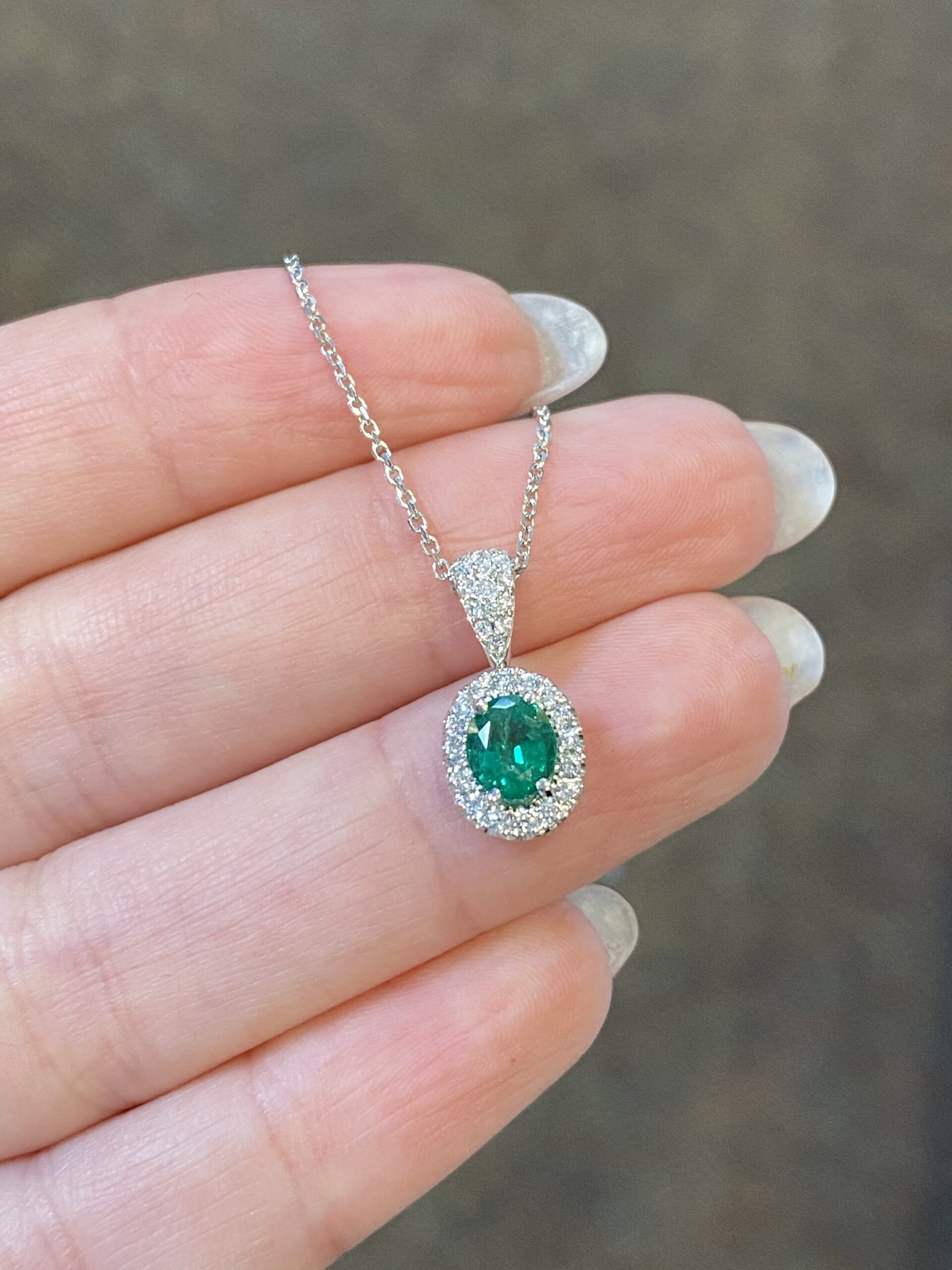 14k White Gold Oval Shaped Genuine .64 Cttw Emerald & Diamond Halo Pendant - Image 9