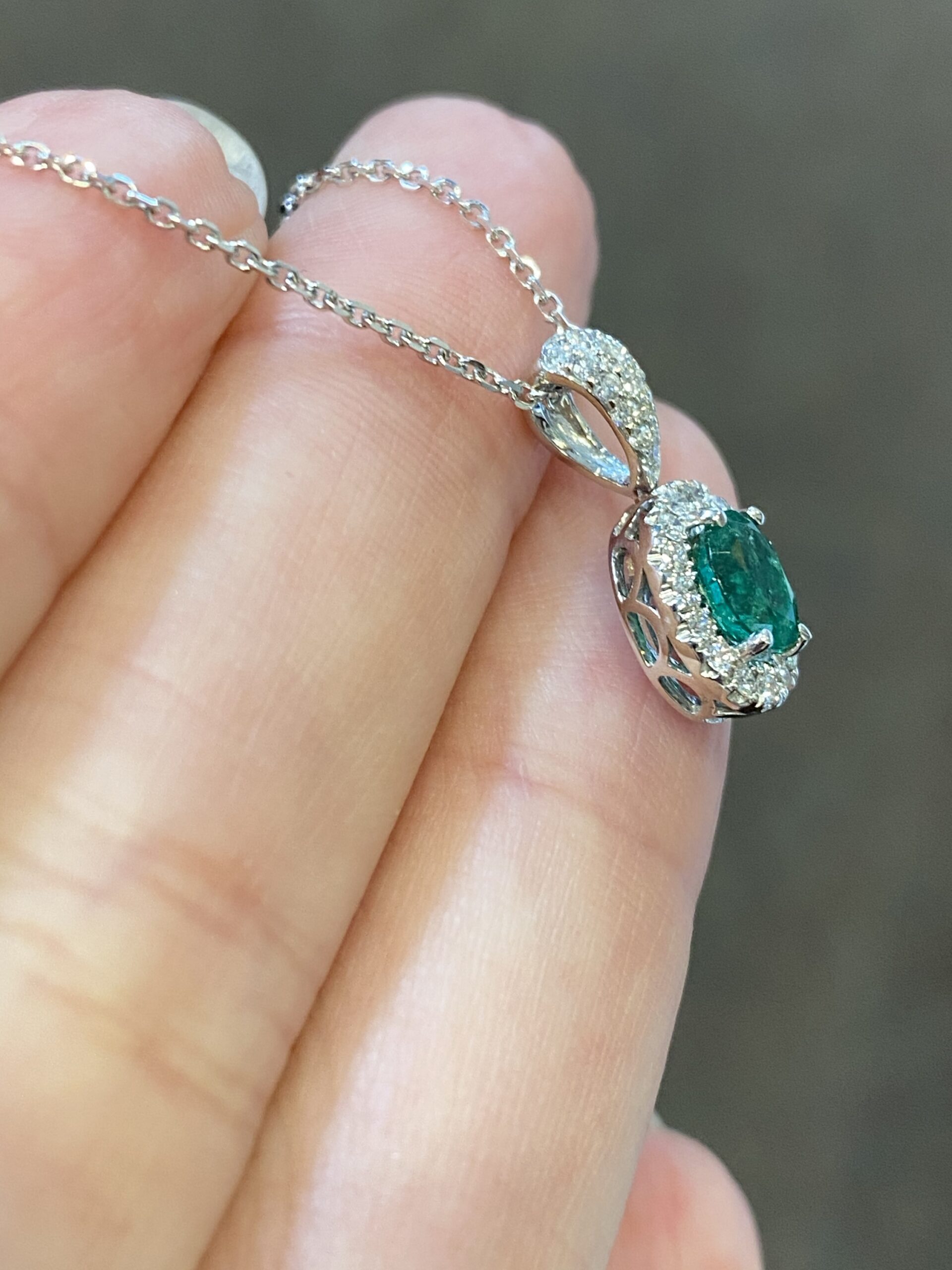 14k White Gold Oval Shaped Genuine .64 Cttw Emerald & Diamond Halo Pendant - Image 10