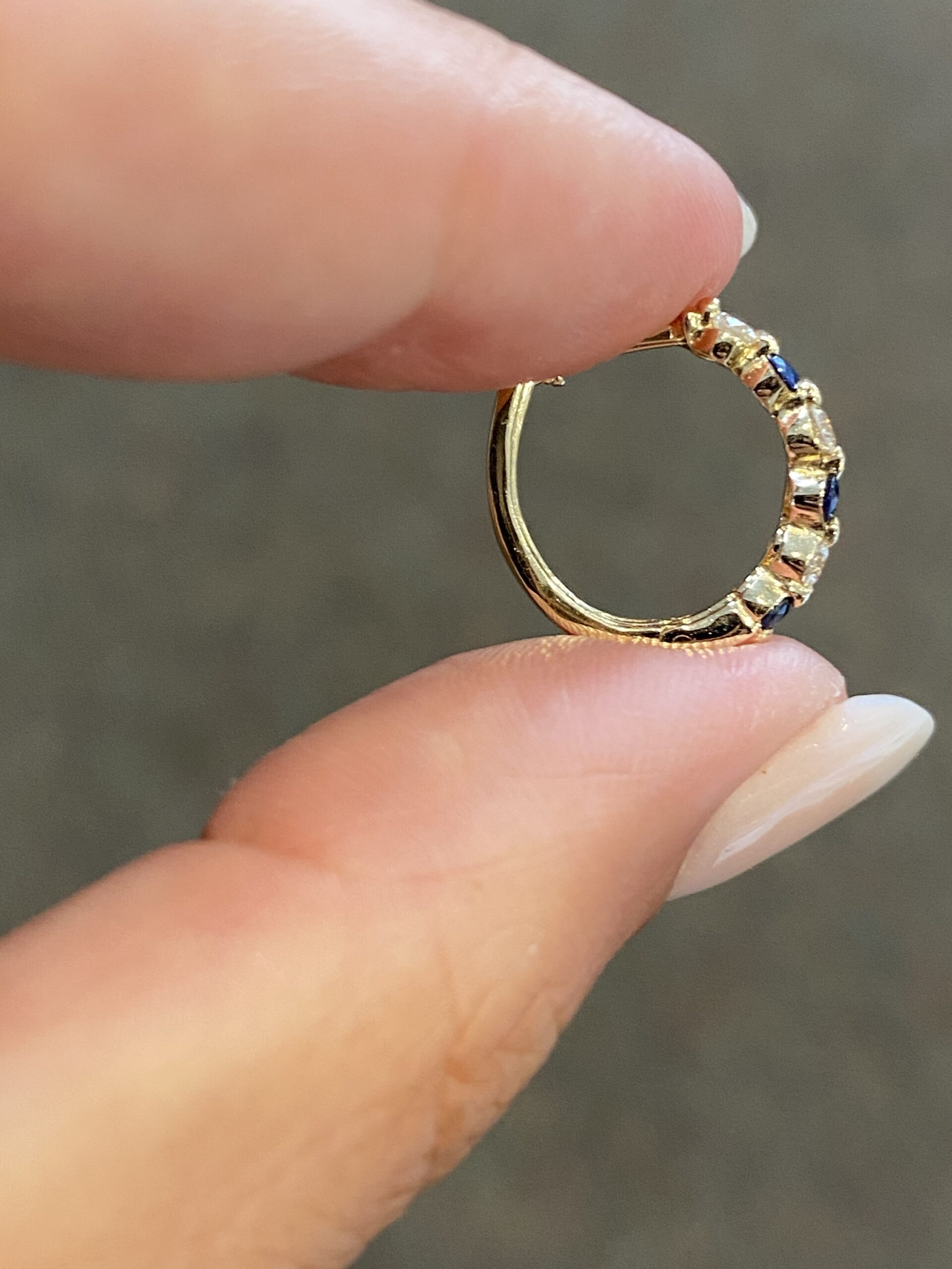 14k Yellow Gold Genuine Sapphire & Diamond Huggy Hoop Earrings - Image 5