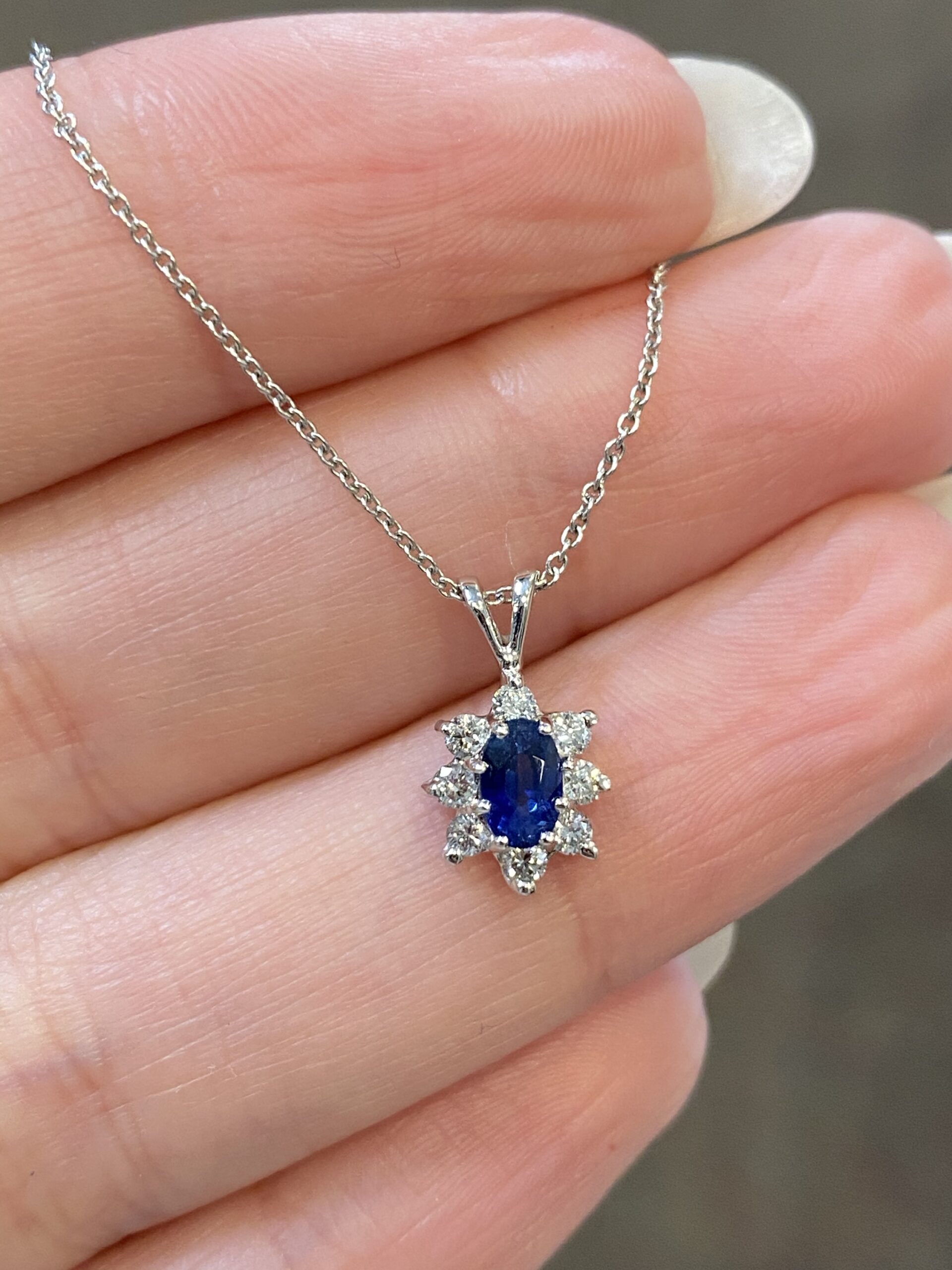 14k White Gold Genuine Sapphire & Diamond Cluster Pendant - Image 5