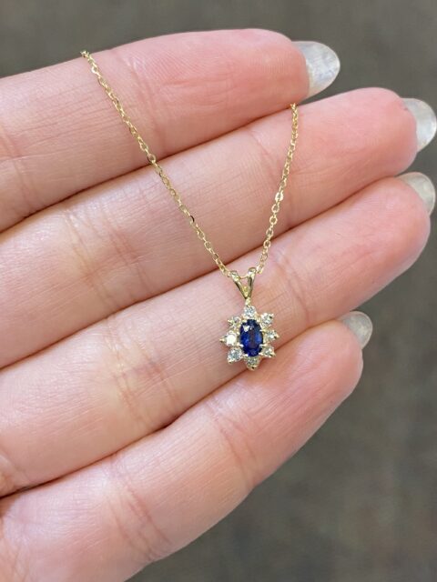 14k Yellow Gold Genuine 5 x 3 MM Sapphire & Diamond Cluster Pendant