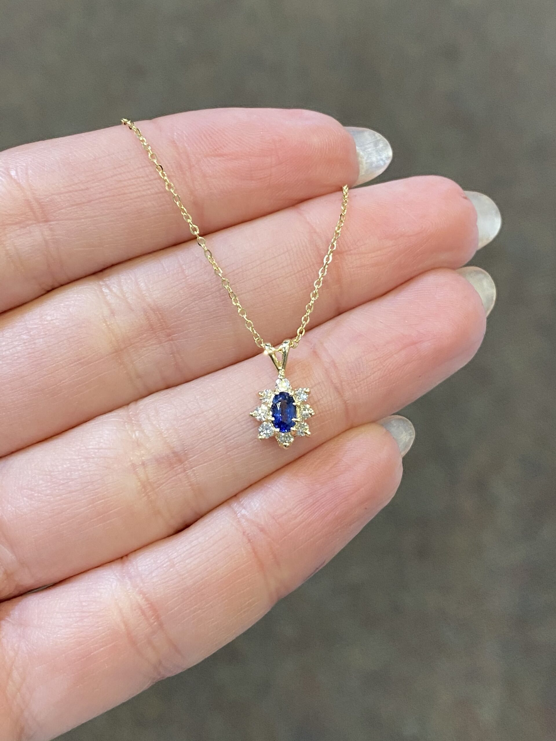 14k Yellow Gold Genuine 5 x 3 MM Sapphire & Diamond Cluster Pendant - Image 4