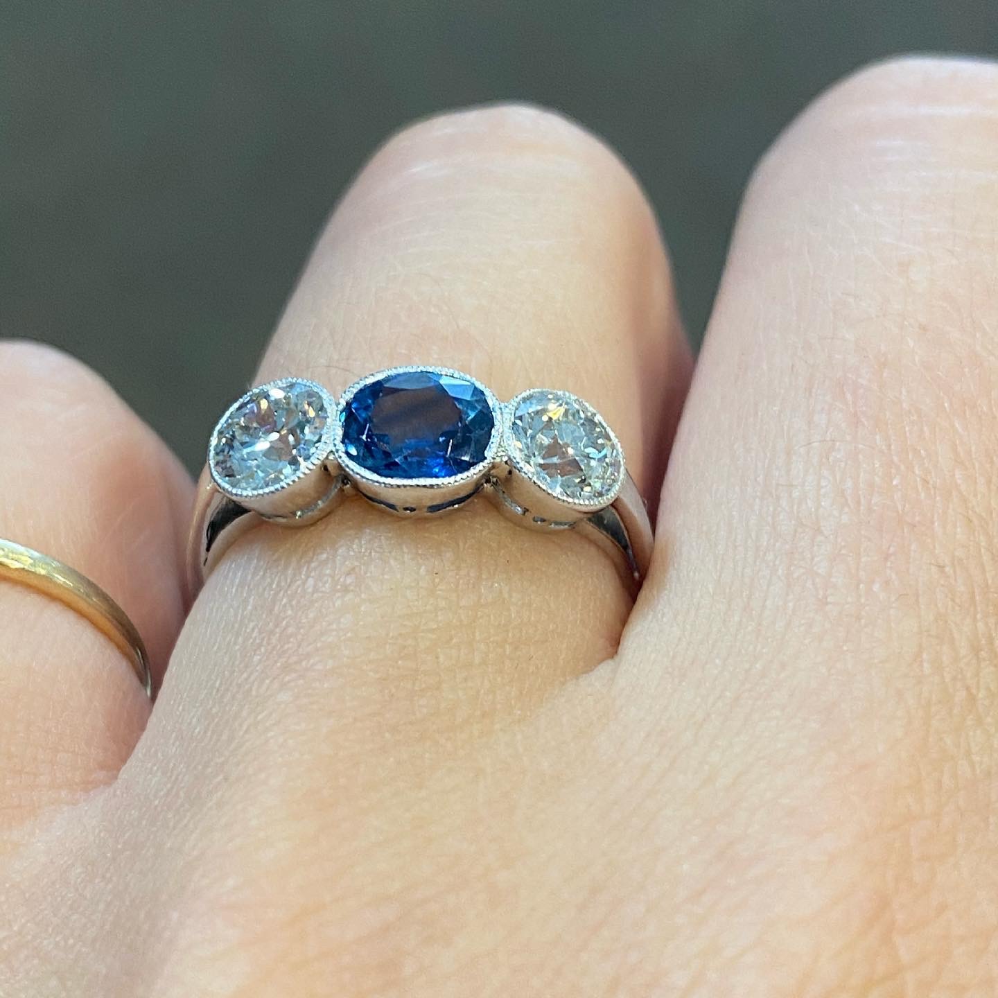 Antique Platinum Genuine Sapphire & Diamond 3 Stone Ring - Image 11