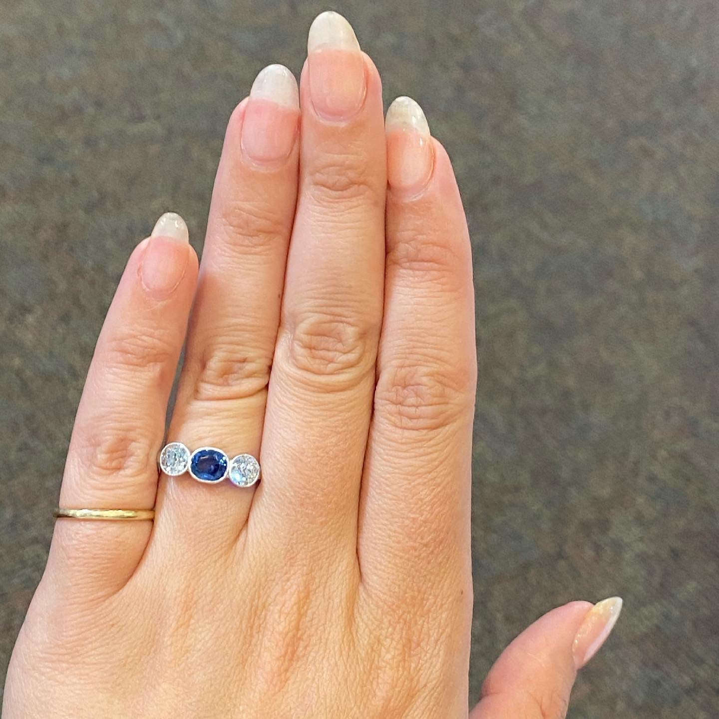 Antique Platinum Genuine Sapphire & Diamond 3 Stone Ring - Image 13