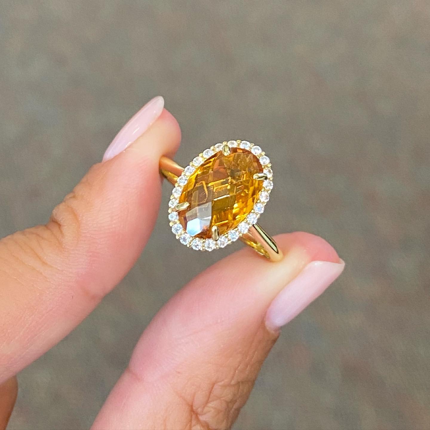 18k Yellow Gold Genuine Citrine & Swarovski Crystal Halo Ring