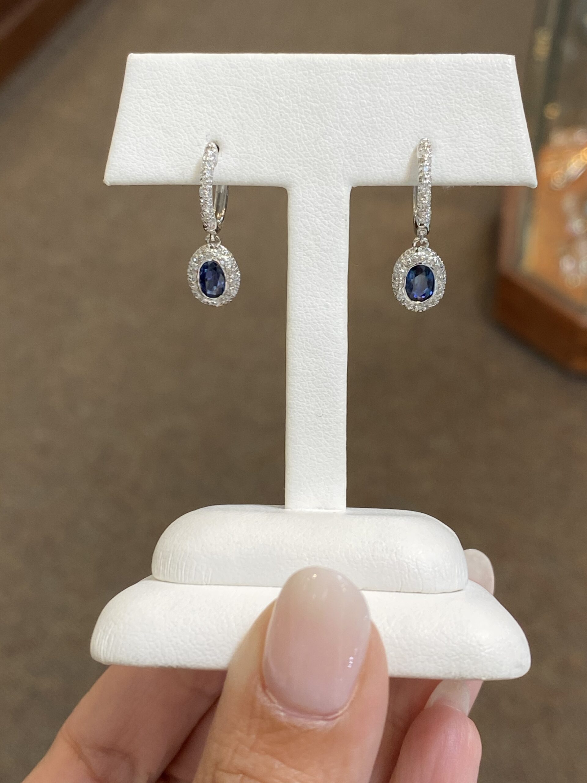 18k White Gold Genuine Sapphire & Diamond Halo Dangle Hoop Earrings - Image 8