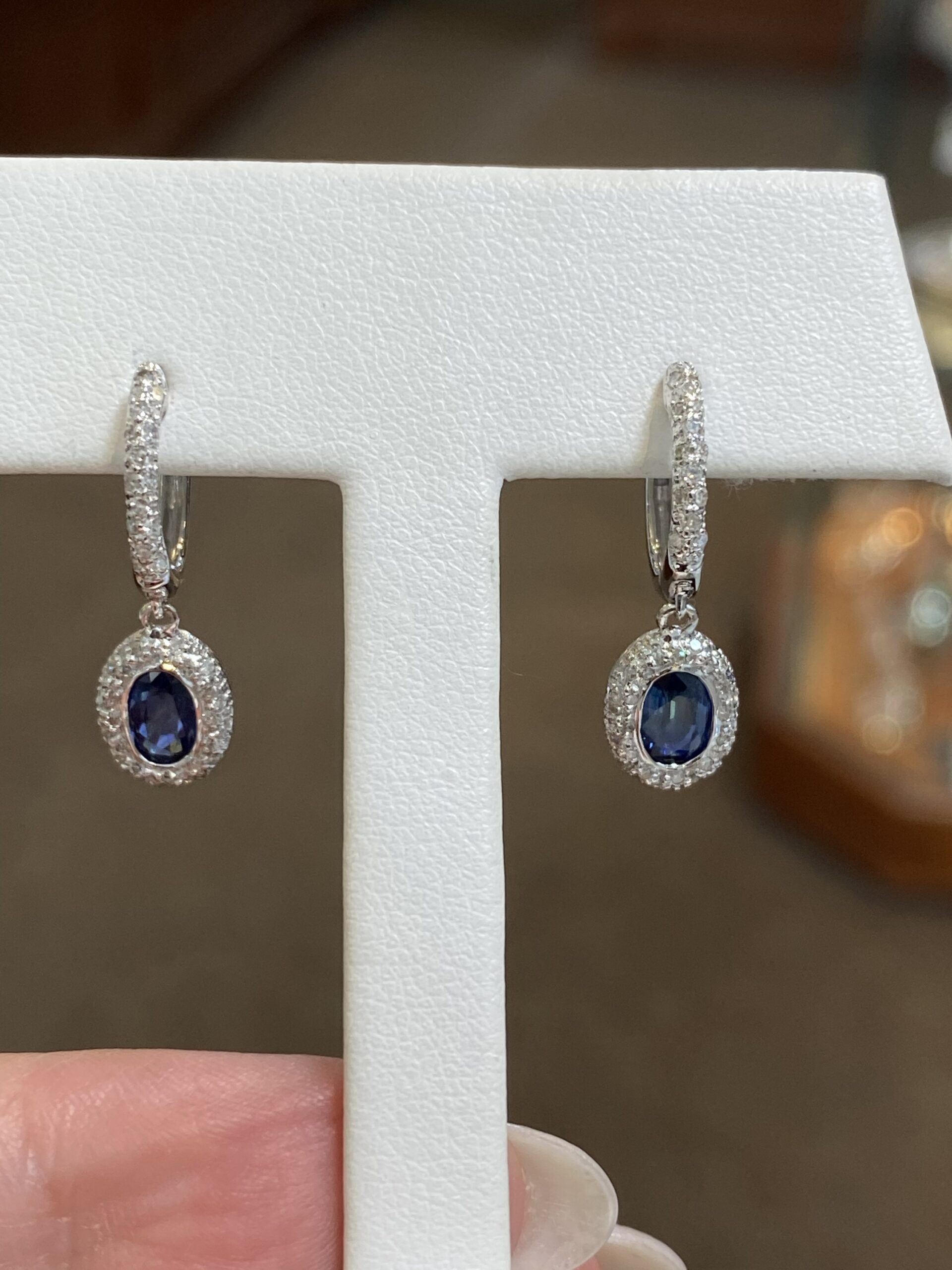 18k White Gold Genuine Sapphire & Diamond Halo Dangle Hoop Earrings - Image 7