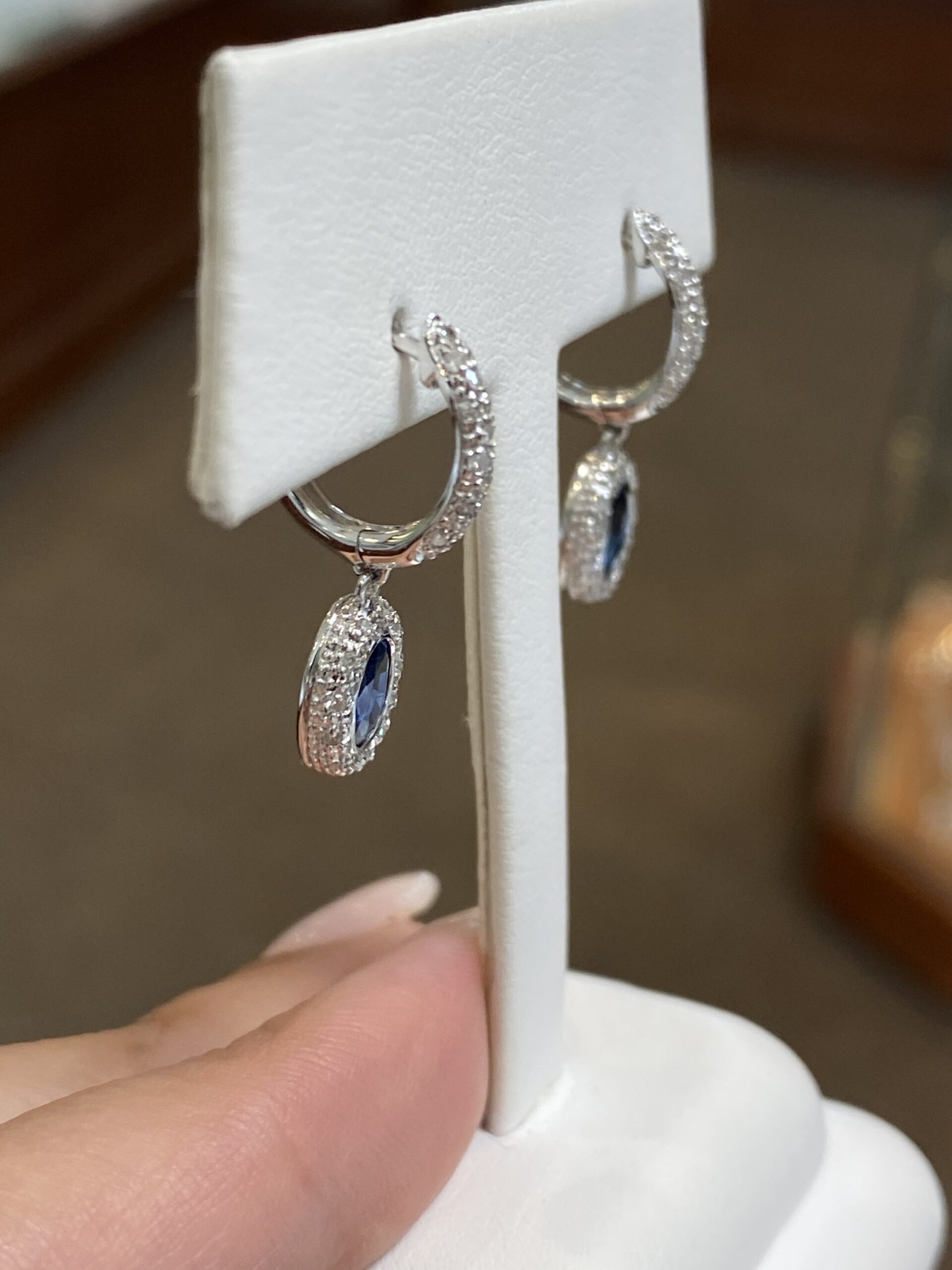 18k White Gold Genuine Sapphire & Diamond Halo Dangle Hoop Earrings - Image 10