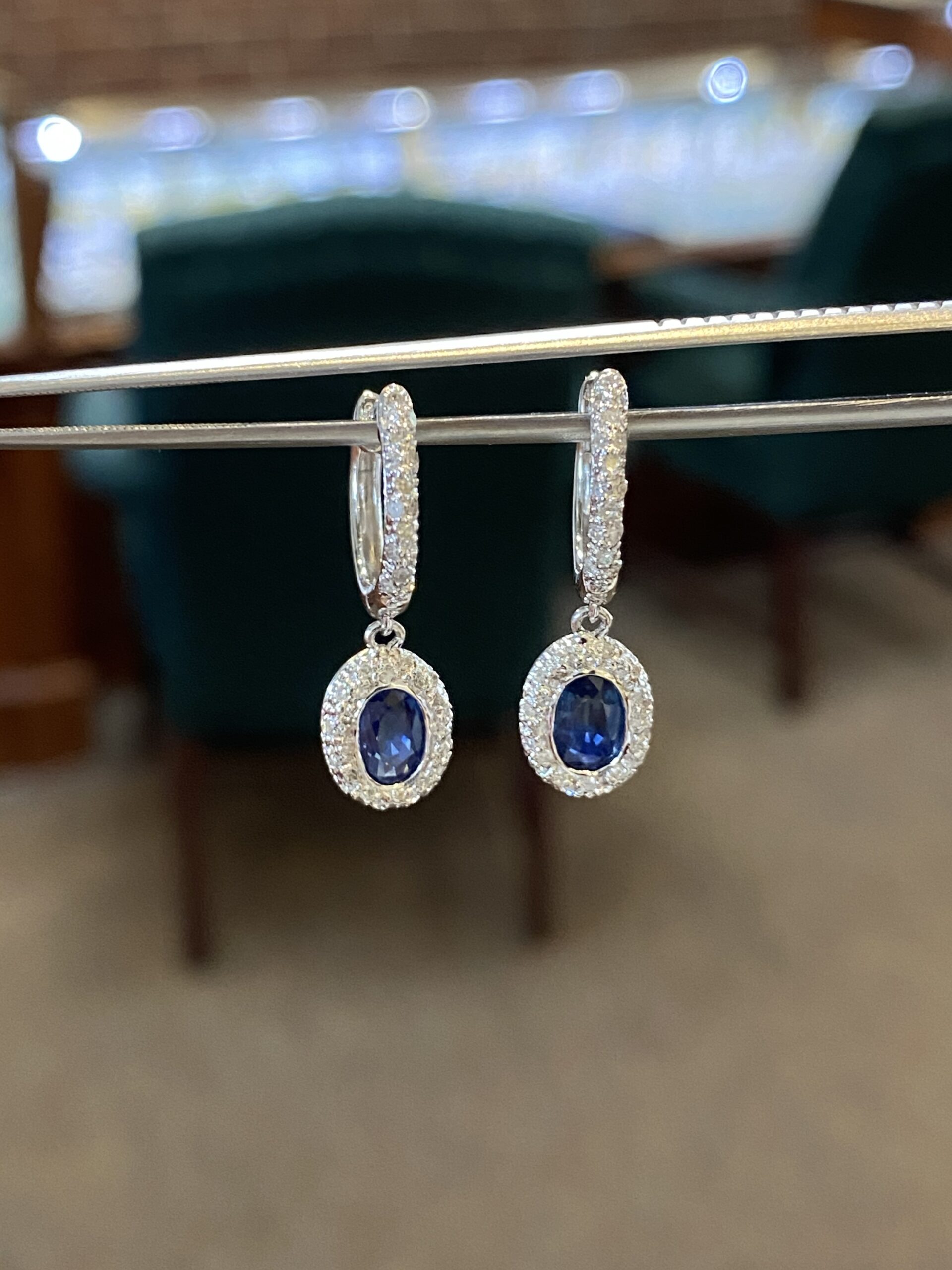 18k White Gold Genuine Sapphire & Diamond Halo Dangle Hoop Earrings - Image 2