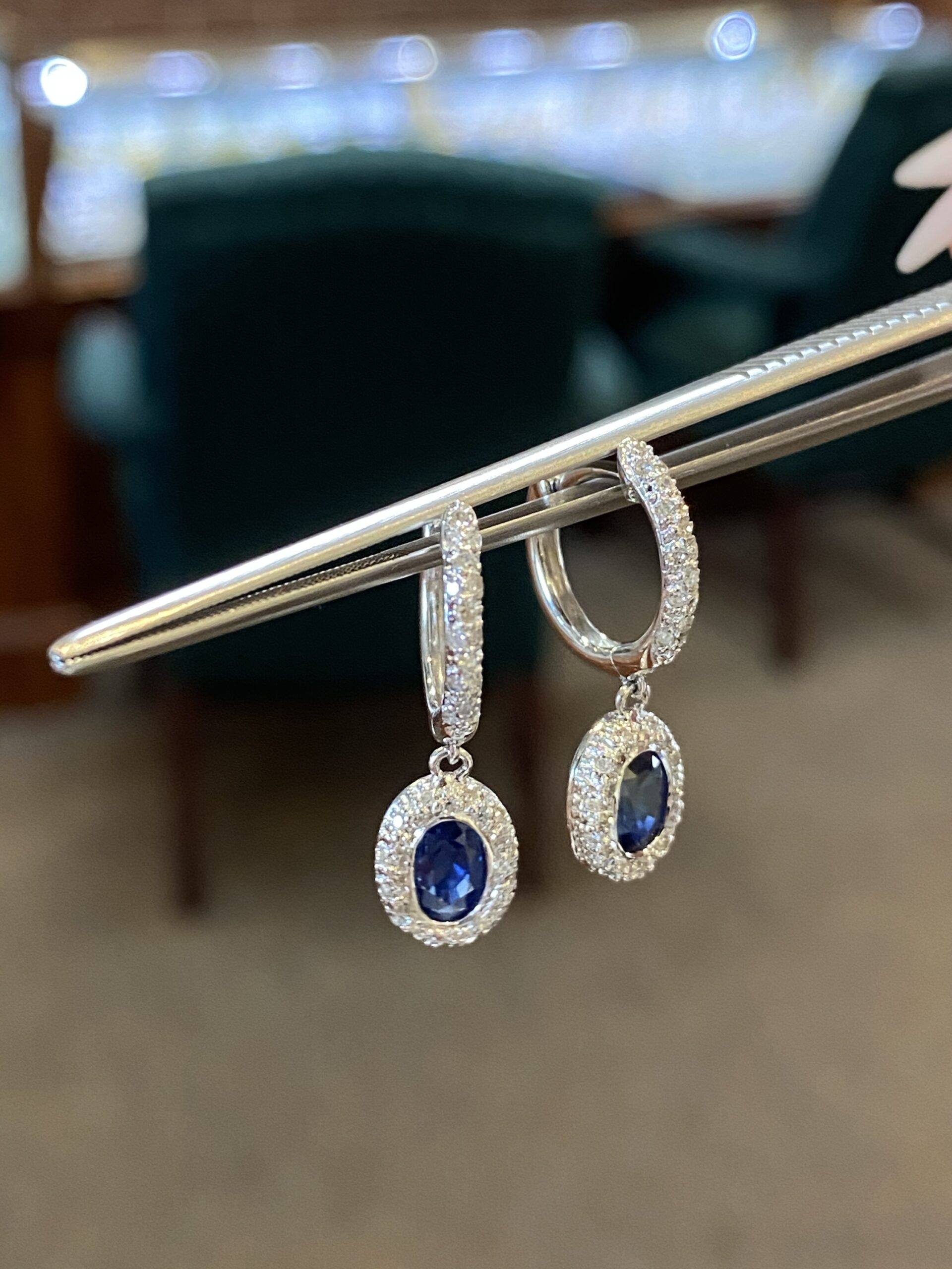 18k White Gold Genuine Sapphire & Diamond Halo Dangle Hoop Earrings - Image 4