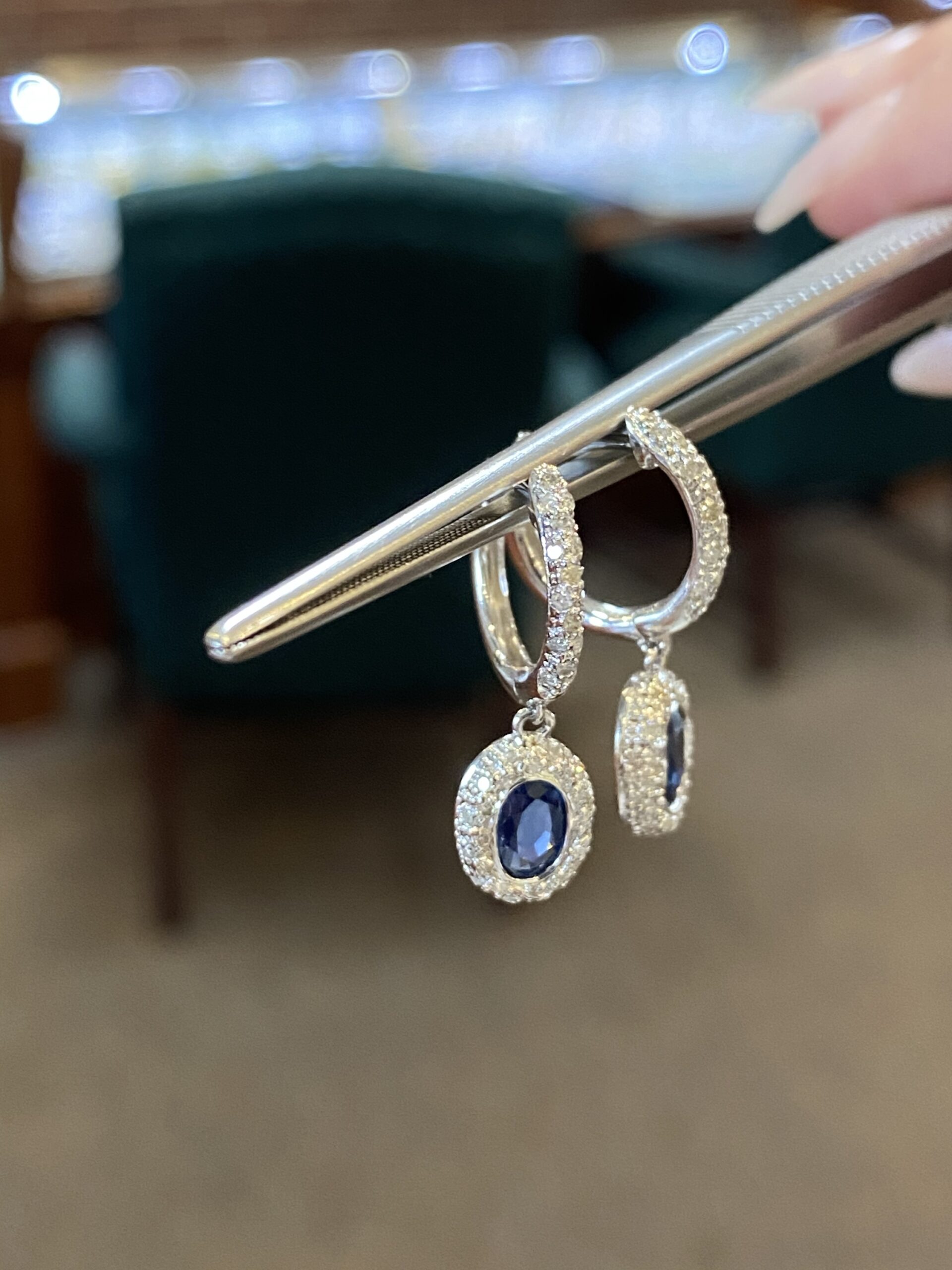 18k White Gold Genuine Sapphire & Diamond Halo Dangle Hoop Earrings - Image 5