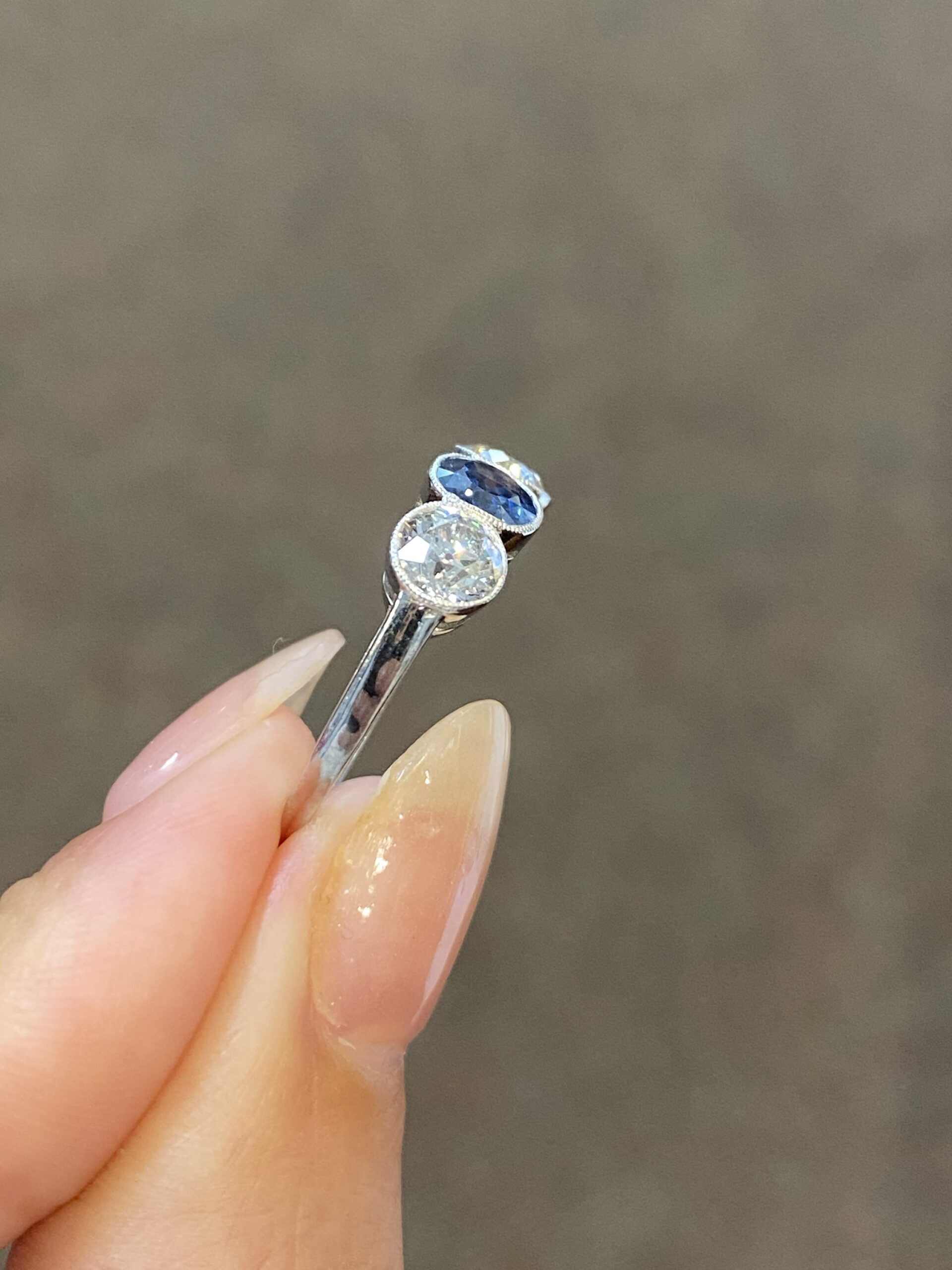 Antique Platinum Genuine Sapphire & Diamond 3 Stone Ring - Image 5