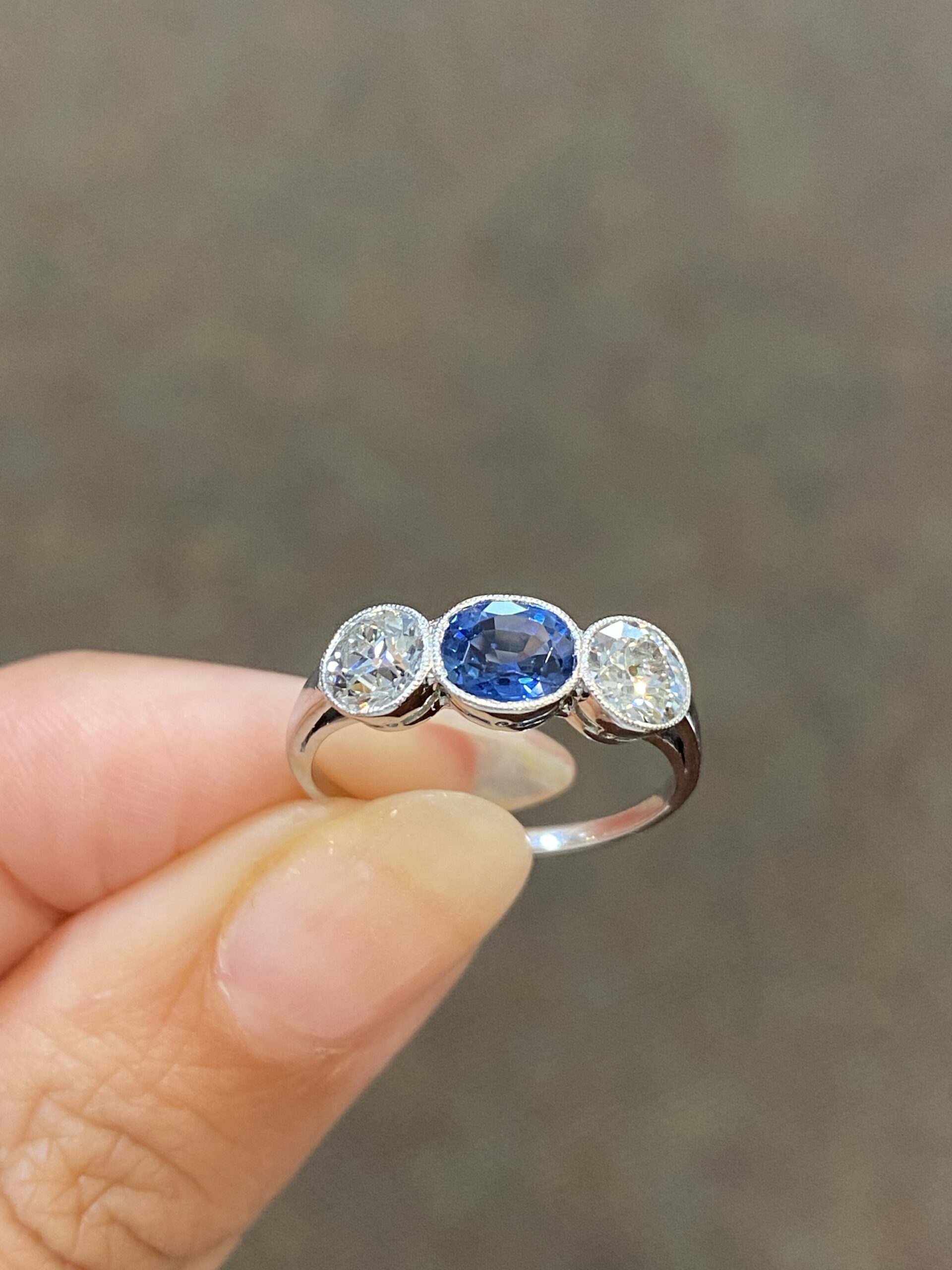 Antique Platinum Genuine Sapphire & Diamond 3 Stone Ring - Image 2