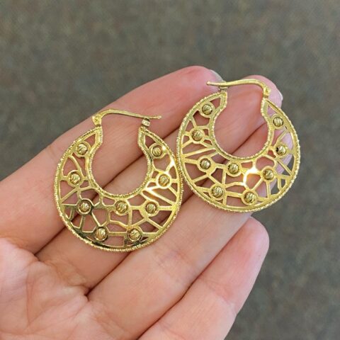18k Yellow Gold Handmade Filigree Hoop Earrings From Italy